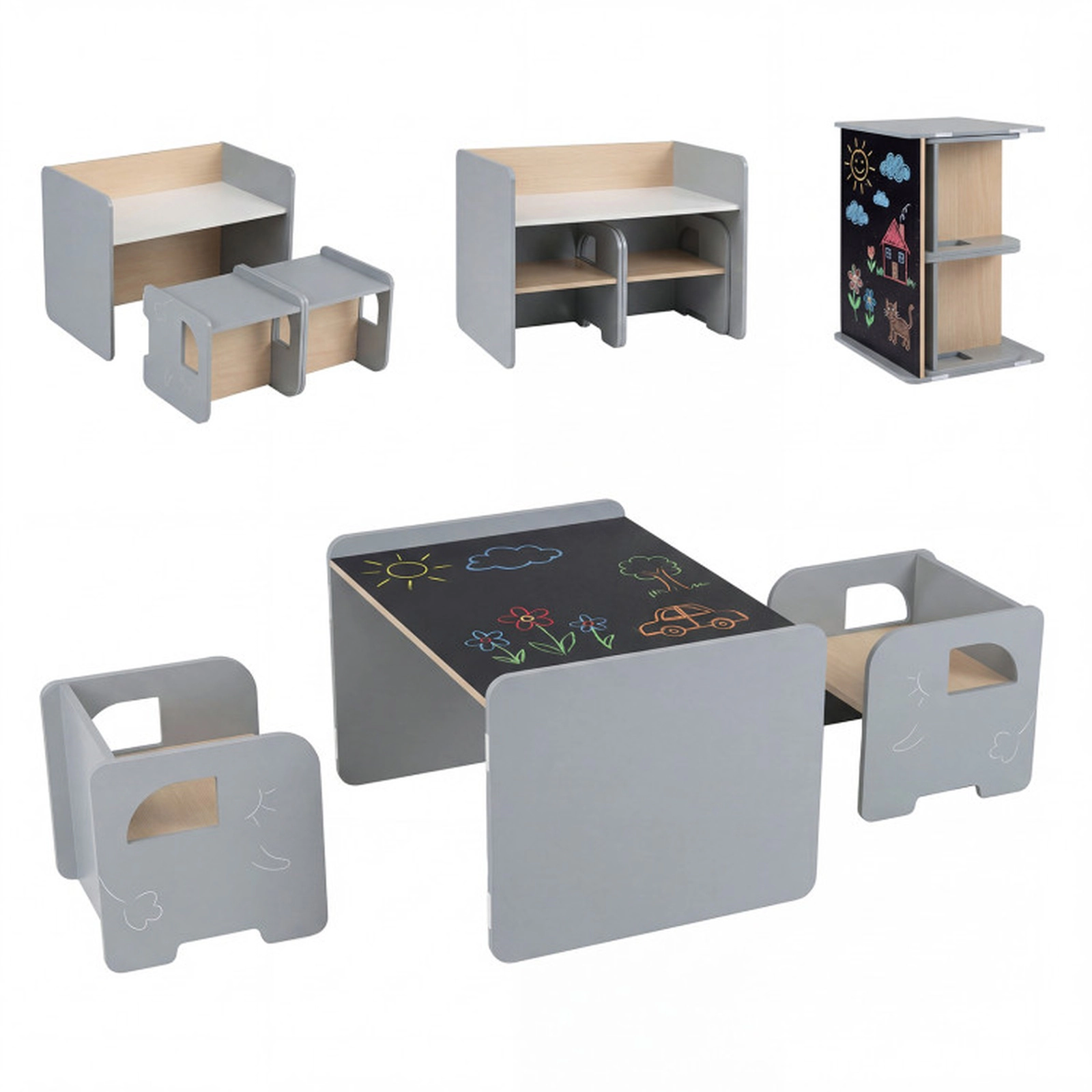 SUGIFT 3 Pieces Kids Table and Chair Set with Chalkboard Top 66-lb Tabletop 110-lb Chairs Ages 3+ White/Gray