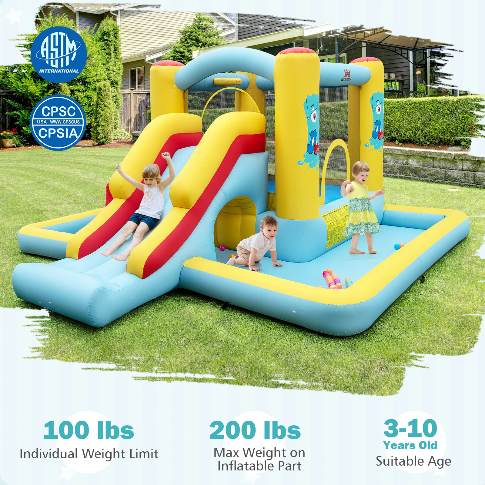 7-in-1 Inflatable Bounce House Bouncy Castle with Slide Crawl Tunnel Ball Pit 50 Ocean Balls and 550W Blower