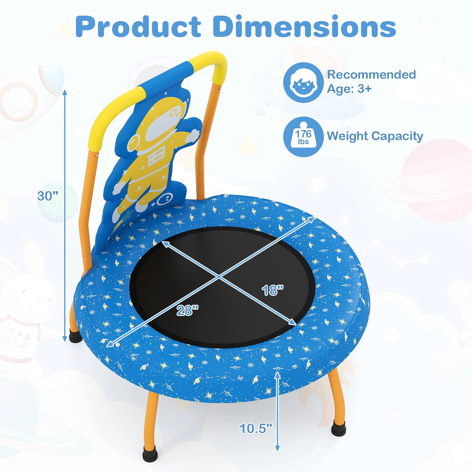 SUGIFT Springless Mini Trampoline for Toddlers Foam Padded Handle & Safety Padded Cover 176-lb Capacity Ages 3-6 Blue