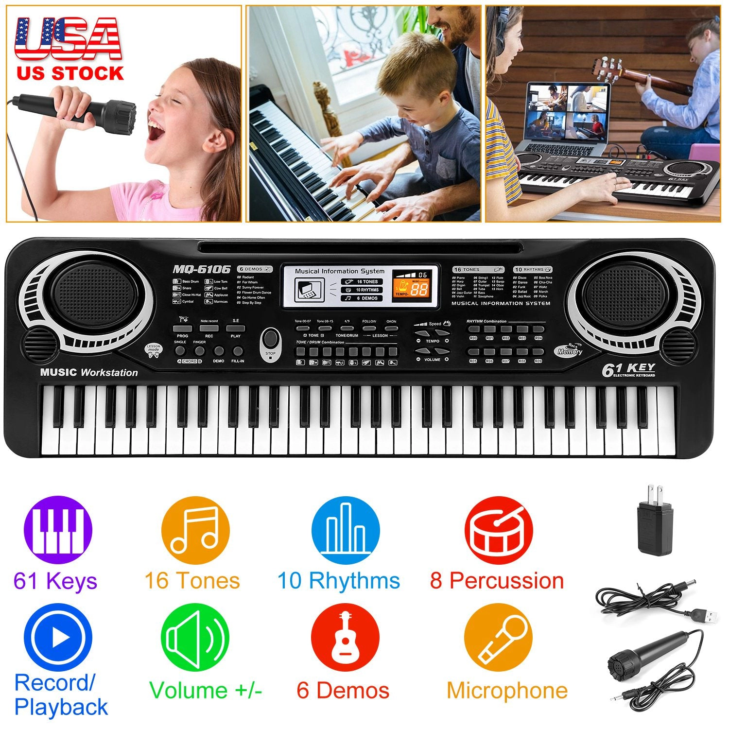 GBruno 61-Key Electronic Keyboard With Microphone