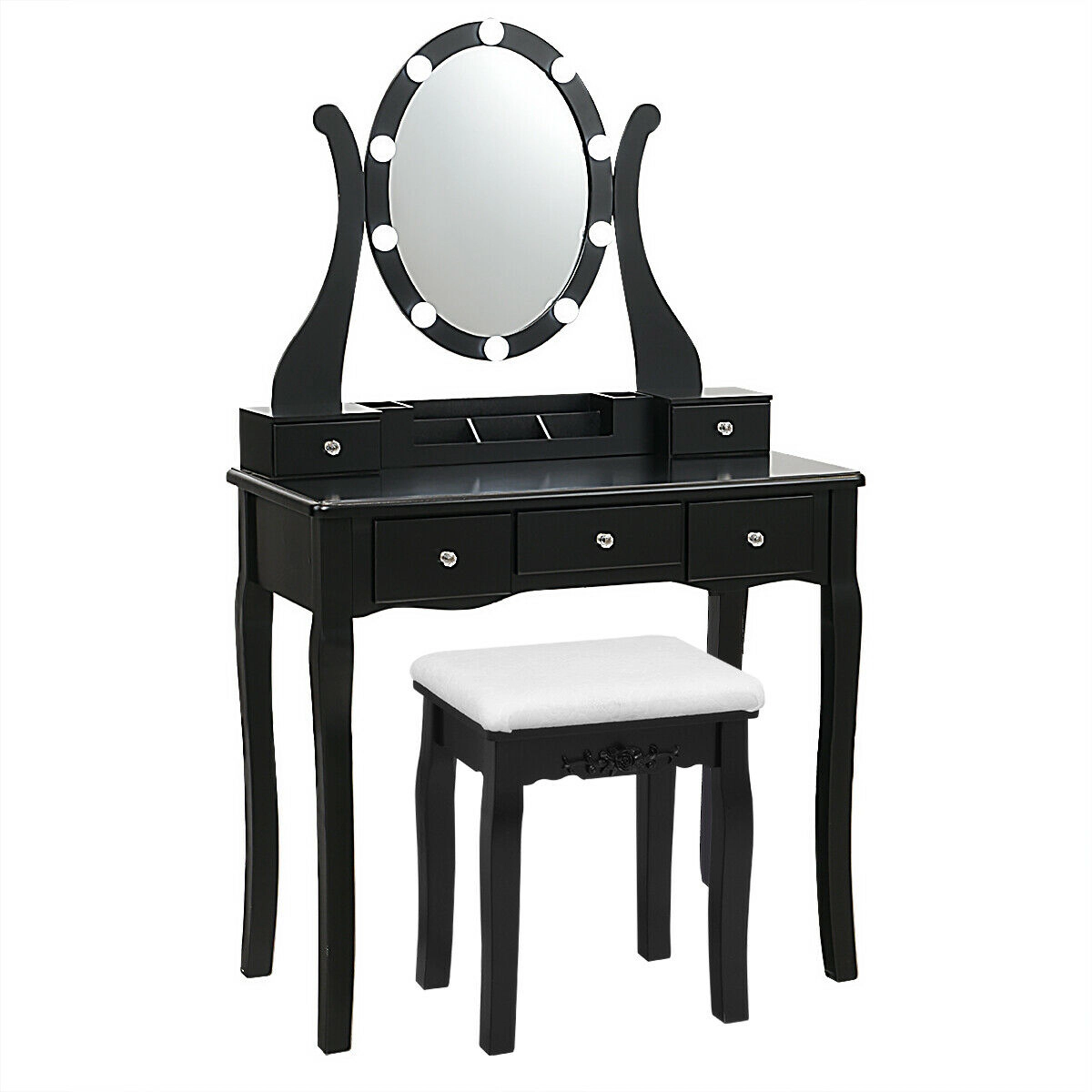 Hivvago 10 Dimmable Lights Vanity Table Set With Lighted Mirror And Cushioned Stool