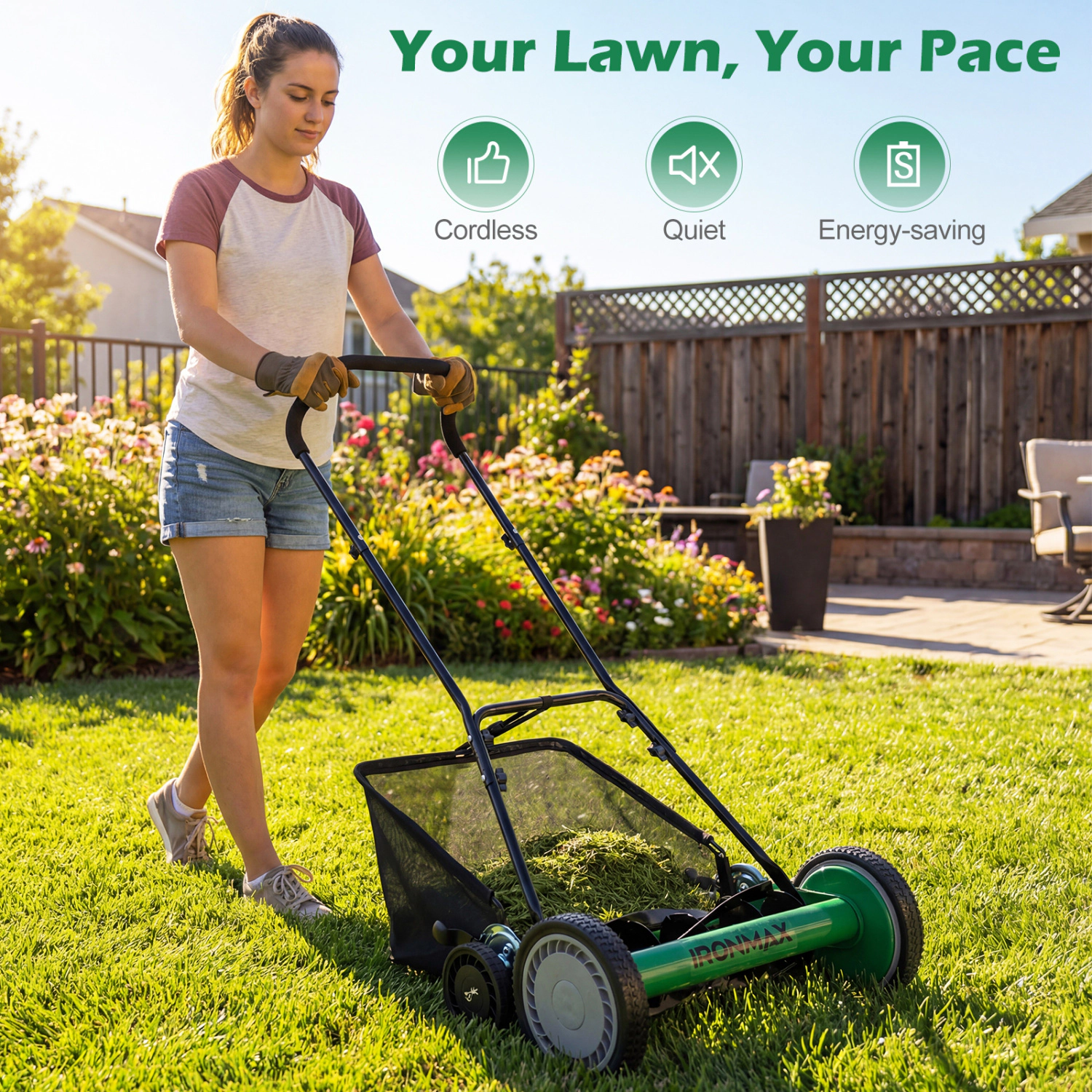 LJG 18 Inch Push Reel Lawn Mower 4-Position Adjustable with Removable Grass Catcher