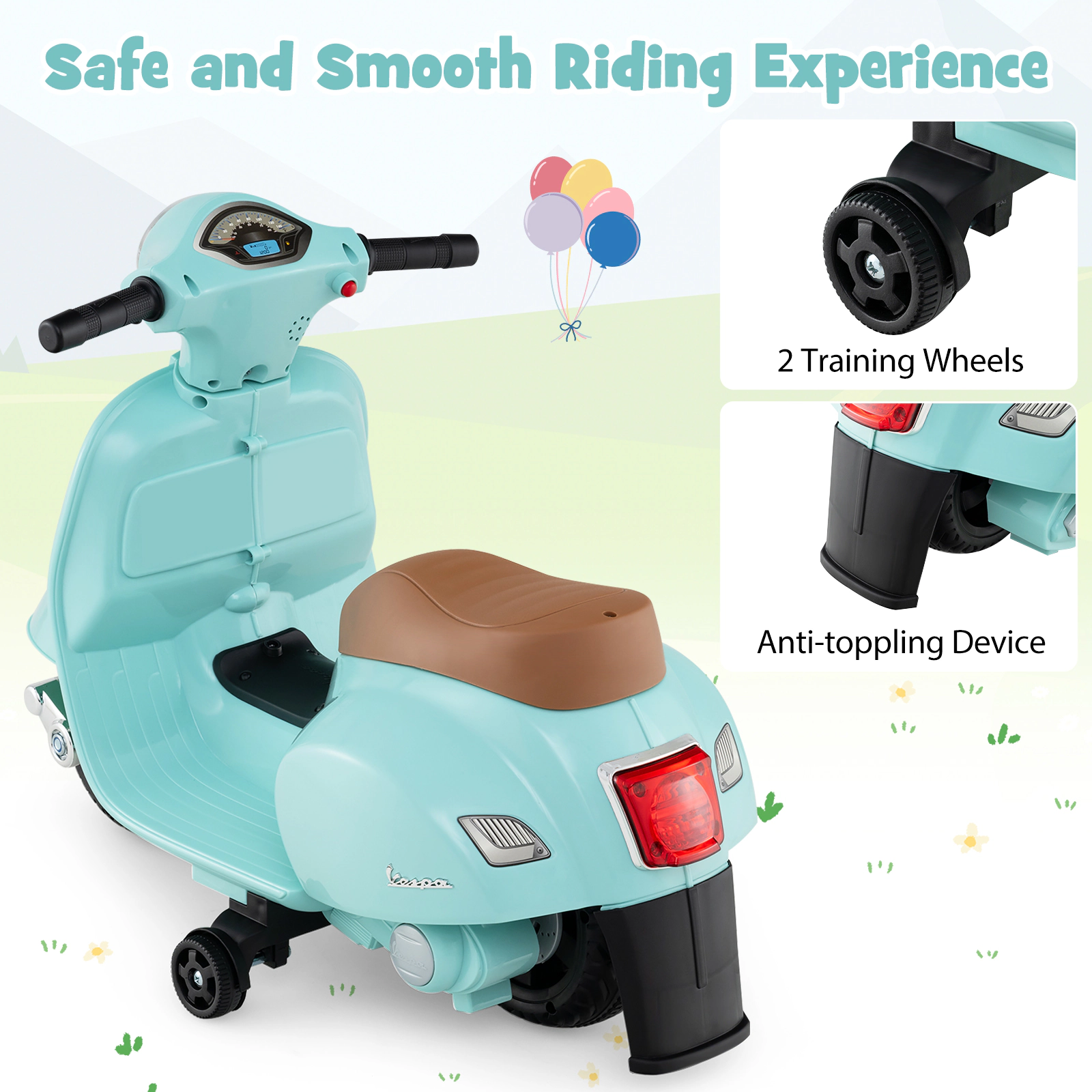 SUGIFT 6V 55-lb Capacity Green Kids Ride On Motorcycle Scooter with Training Wheels LED Headlight and Horn