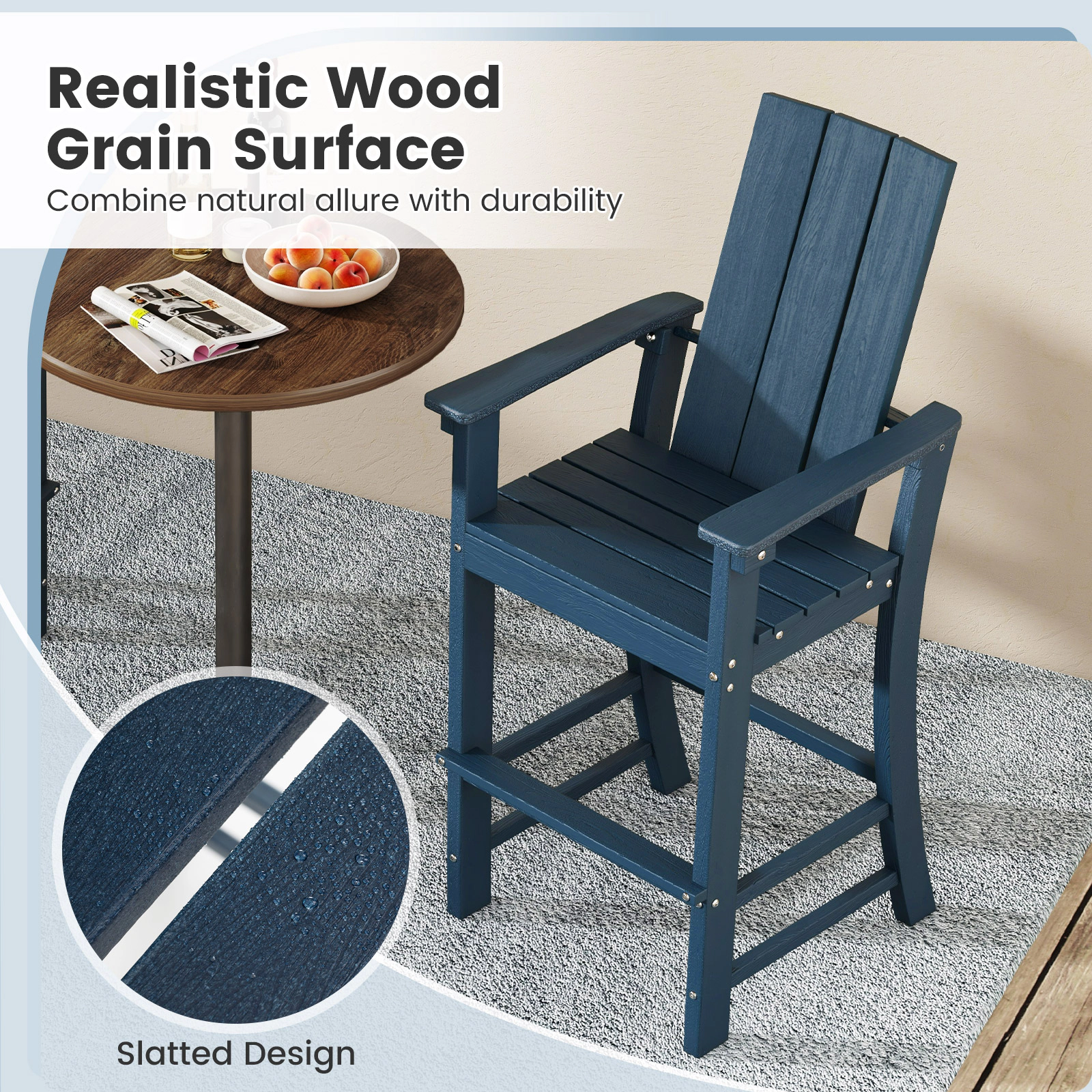 SUGIFT Tall Adirondack Outdoor Bar Chair Stool with Ergonomic High Backrest 330-lb Capacity Blue