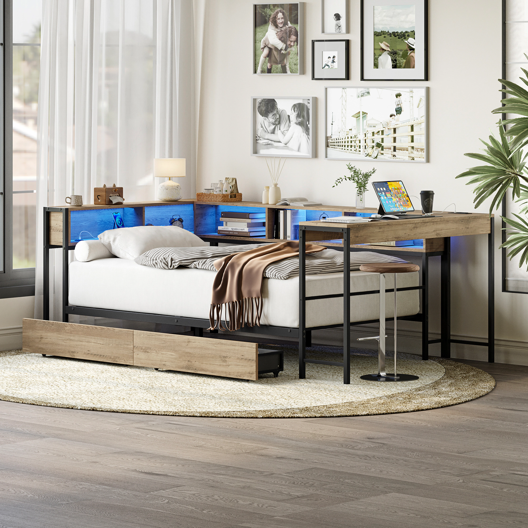 Flynama Twin Corner Bed with Bookcase, 2 Drawers, LED Light & Charging Station, Grey