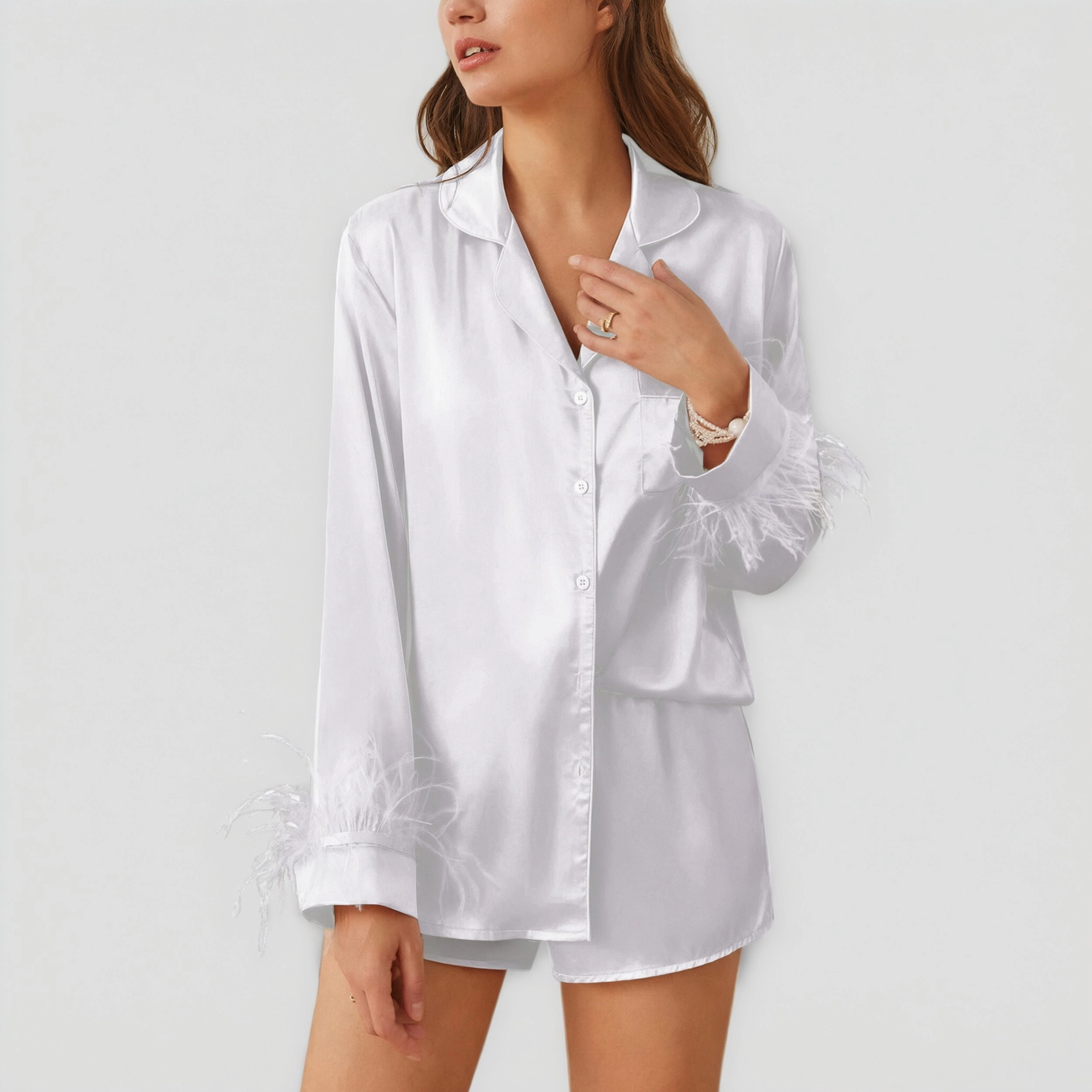 Ekouaer Bridal Feather Pajama Set Silk Satin Valentine’s Day Wedding PJ Long Sleeve