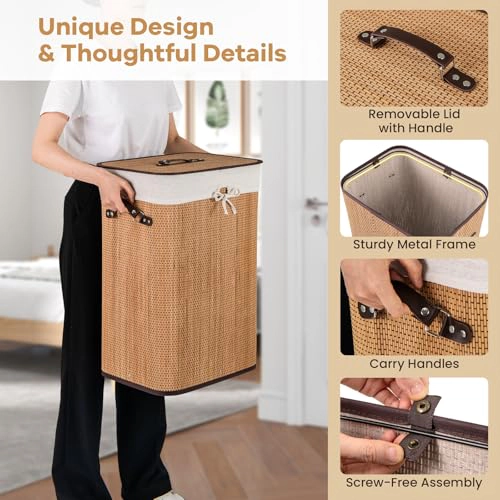 Glintex 19-Gallon Bamboo Clothes Hamper with Reinforced Base and Lidded Top, Natural