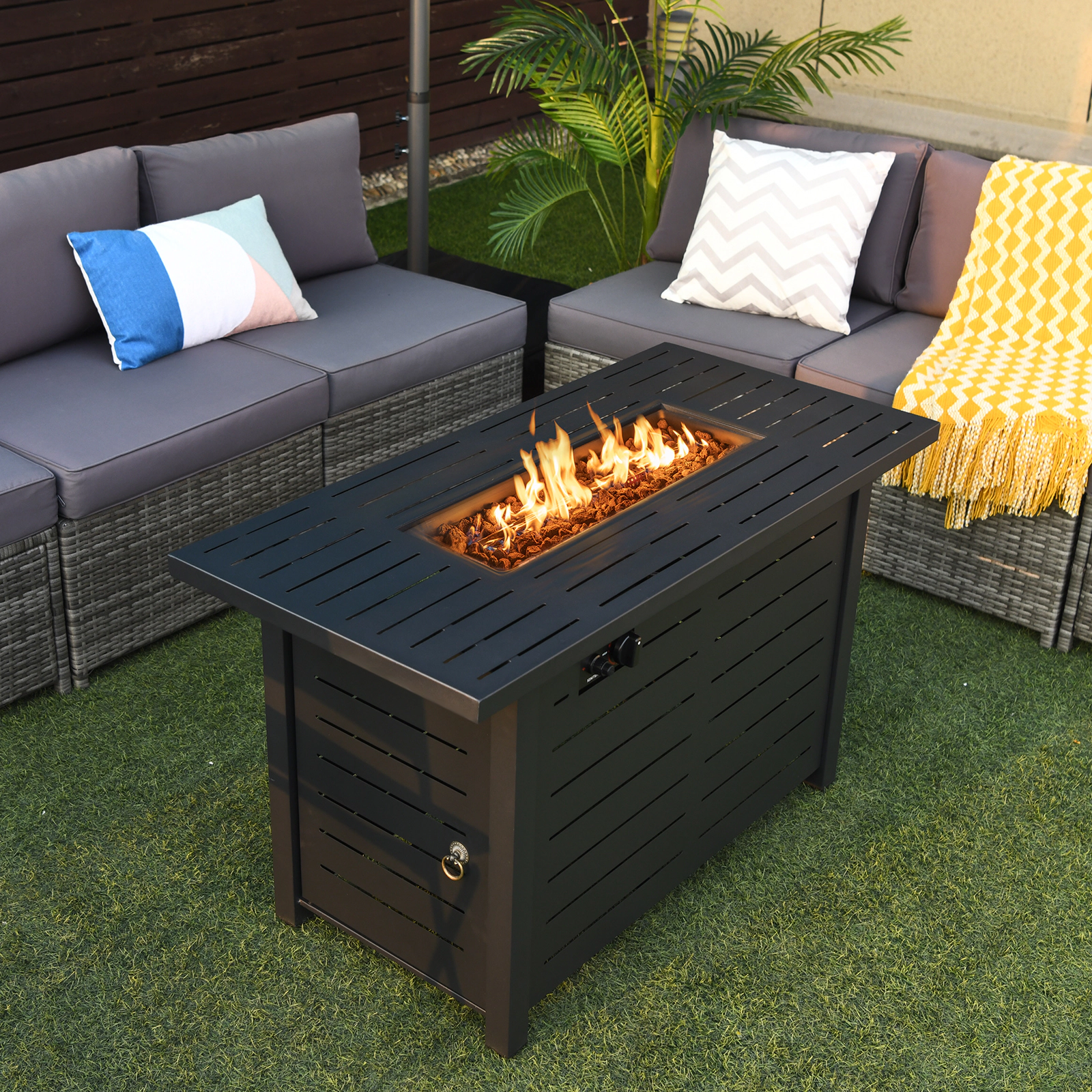 SUGIFT Rectangular Propane Fire Pit Table 60,000 BTU 220-lb Capacity with Lava Rocks and Waterproof PVC Cover Black