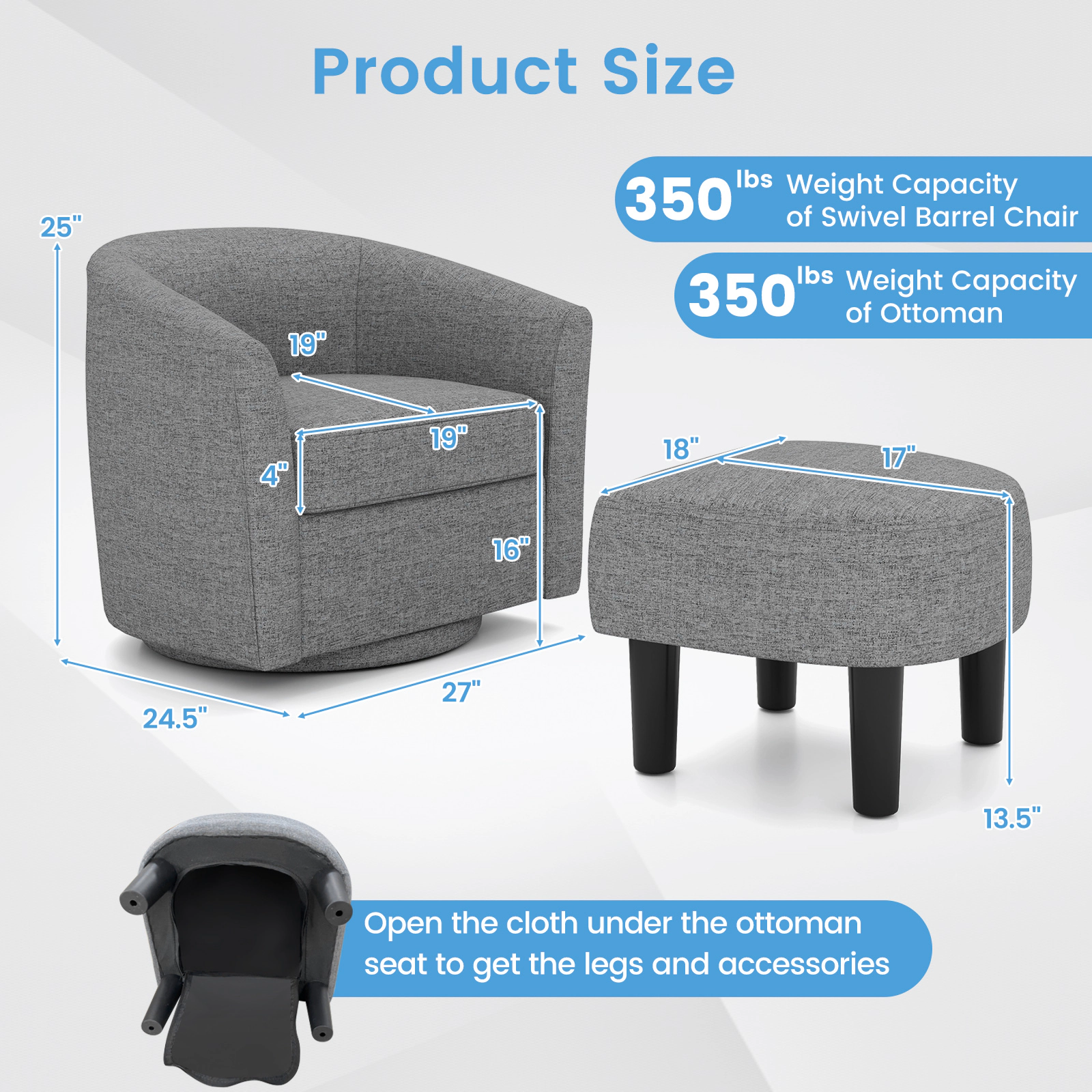 LJG Modern Club Swivel Accent Chair with Ottoman Footrest Curved Backrest