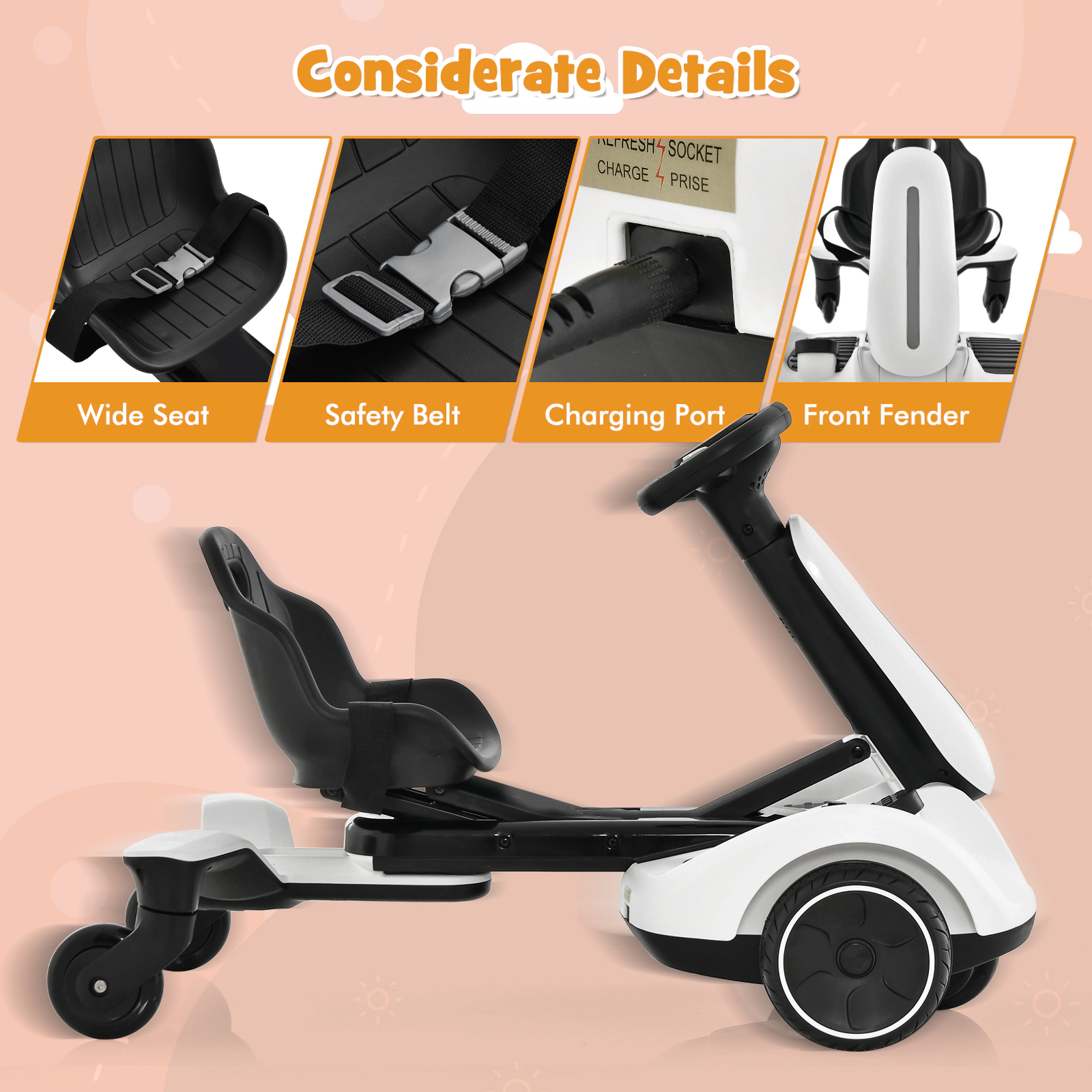 SUGIFT Kids White 6V Ride On Drift Car with 360-Degree Spin and 2 Heights 33.5-in W 21.5-in H 55-lb Seat Capacity