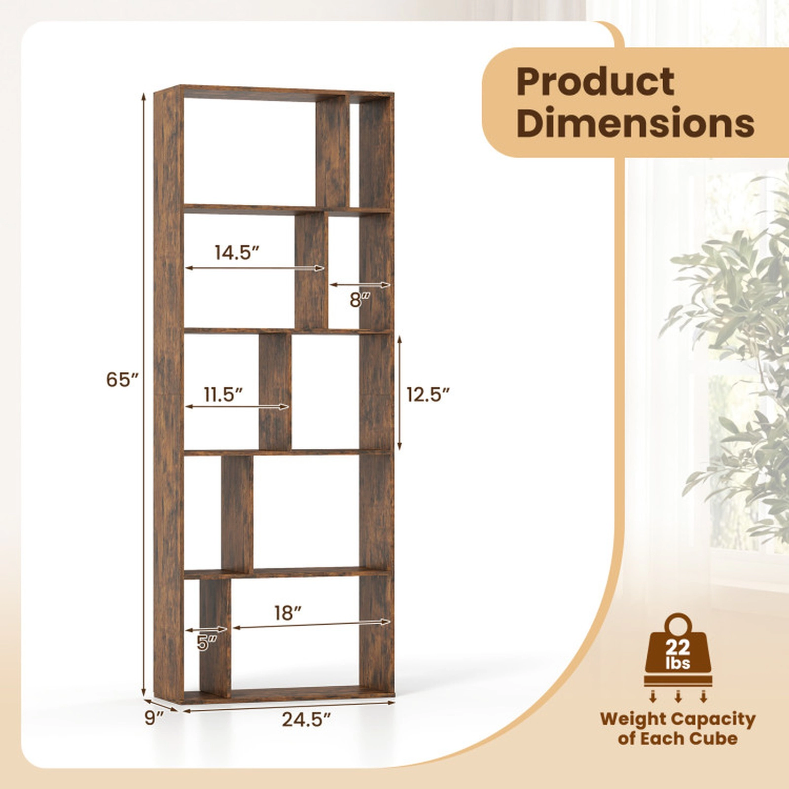 SUGIFT 5-Tier Modern Bookshelf with Open Back and 10 Storage Cubes 22-lb Cube Capacity 65-in Tall Brown