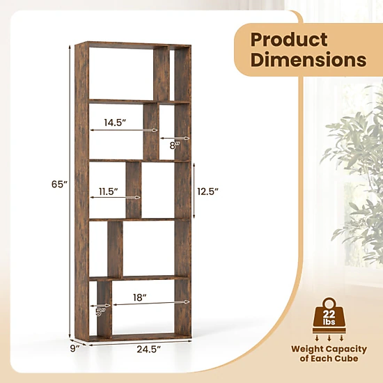 SUGIFT 5-Tier Modern Bookshelf with Open Back and 10 Storage Cubes 22-lb Cube Capacity 65-in Tall Brown