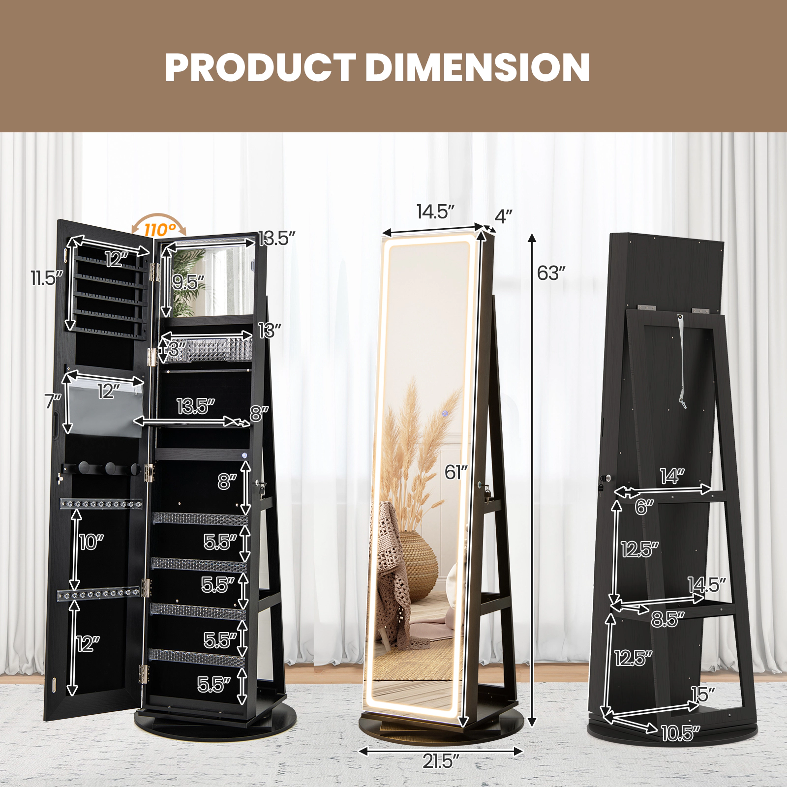 Hivvago Standing Jewelry Cabinet with Adjustable LED Lights