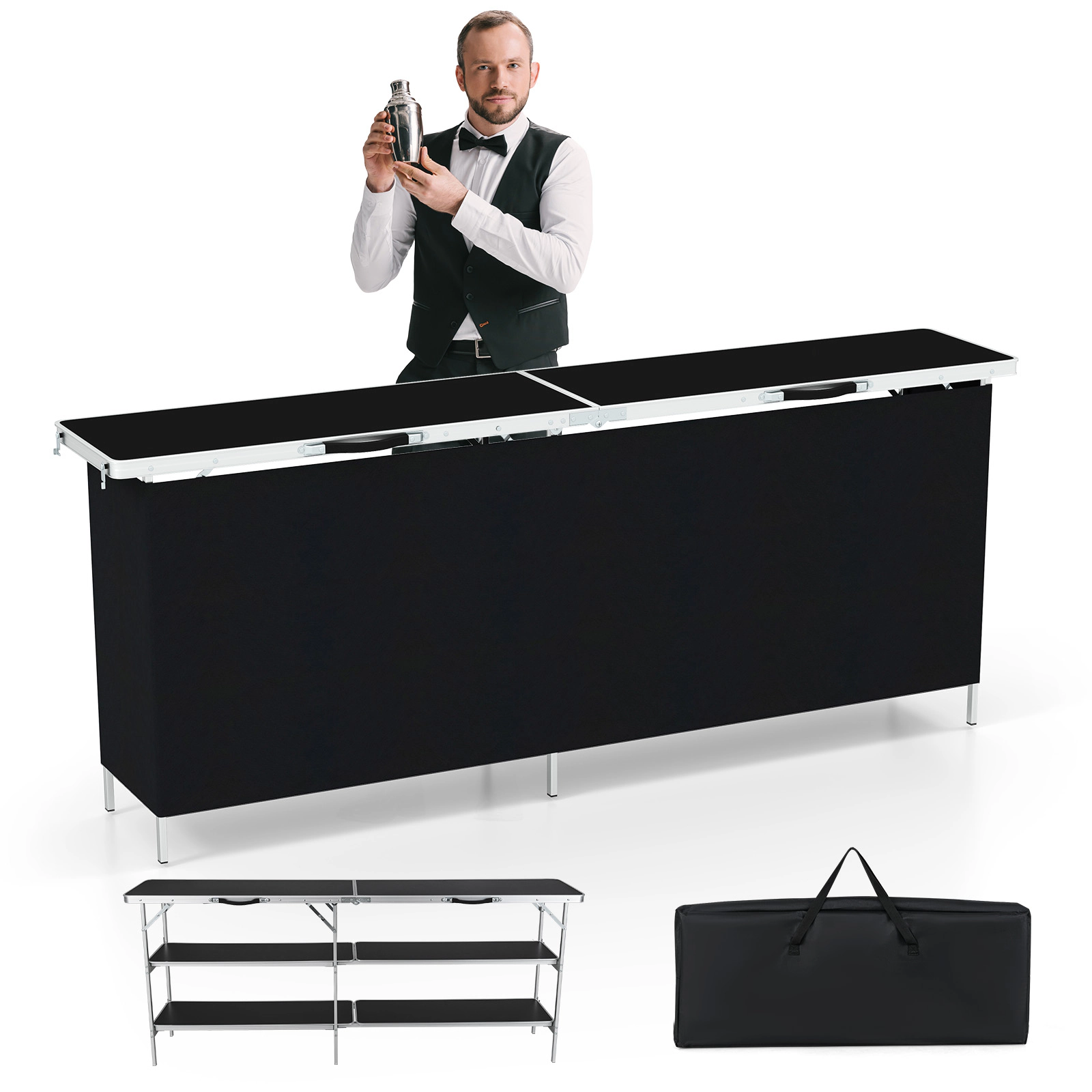 SUGIFT 81-in Aluminum Picnic Table with 2-Tier Open Shelves 132-lb Tabletop Capacity 33-lb Shelf Capacity Black Coffee