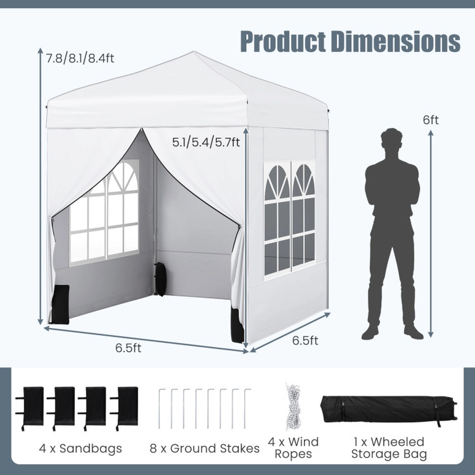 SUGIFT White 6.5-ft by 6.5-ft 3-Level UPF50+ Carbon Steel Pop Up Canopy Tent with 4 Sidewalls and Bag