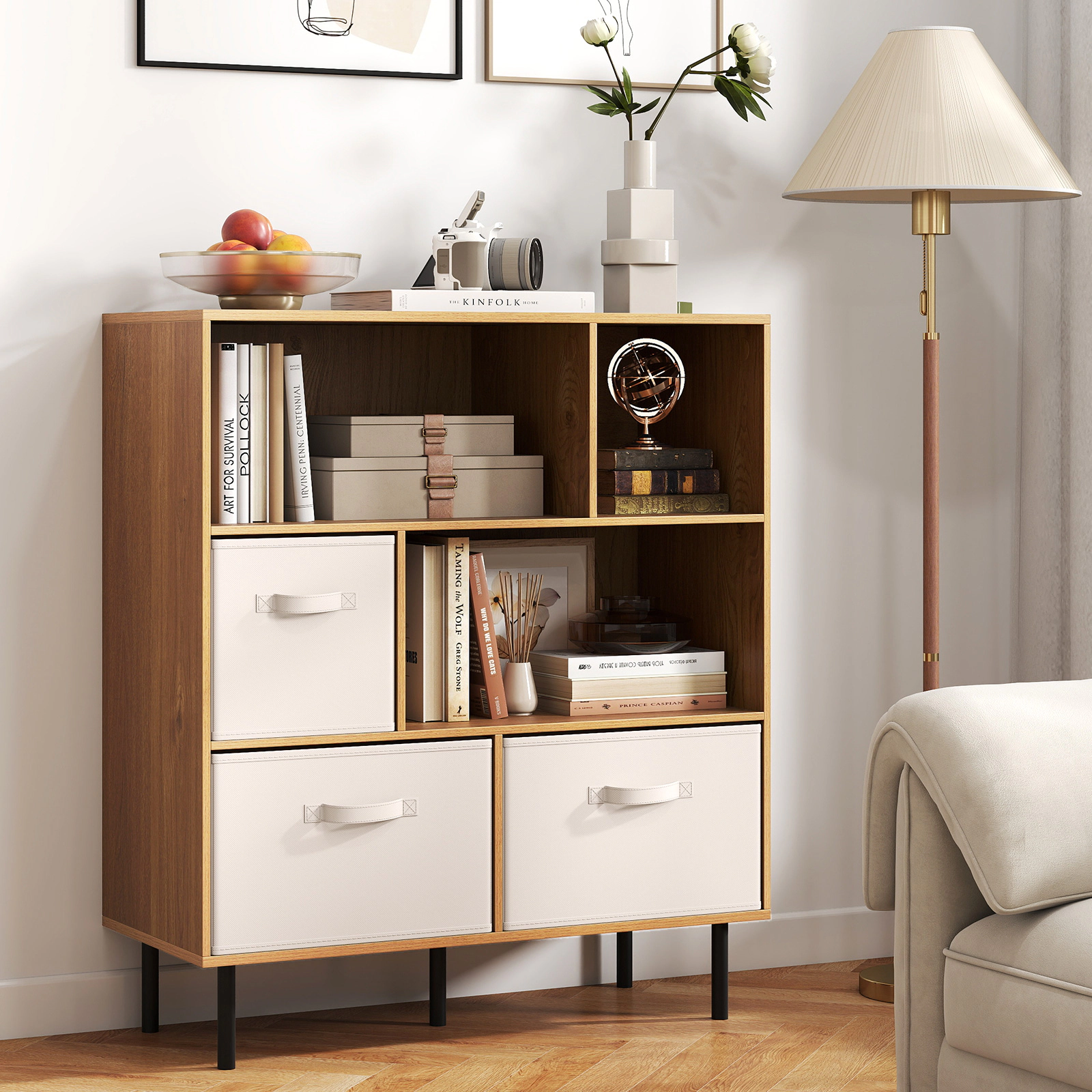 SUGIFT 6-Cube Bookshelf with 3 Removable Folding Fabric Drawers 330-lb Capacity Natural with Beige Drawers