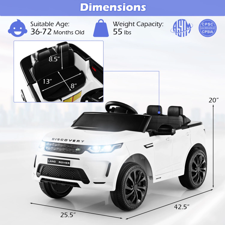 SUGIFT 12V Kids Ride On Car with Remote Control Slow Start System LED Lights 55-lb Capacity Ages 3-6 42.5-in Long White