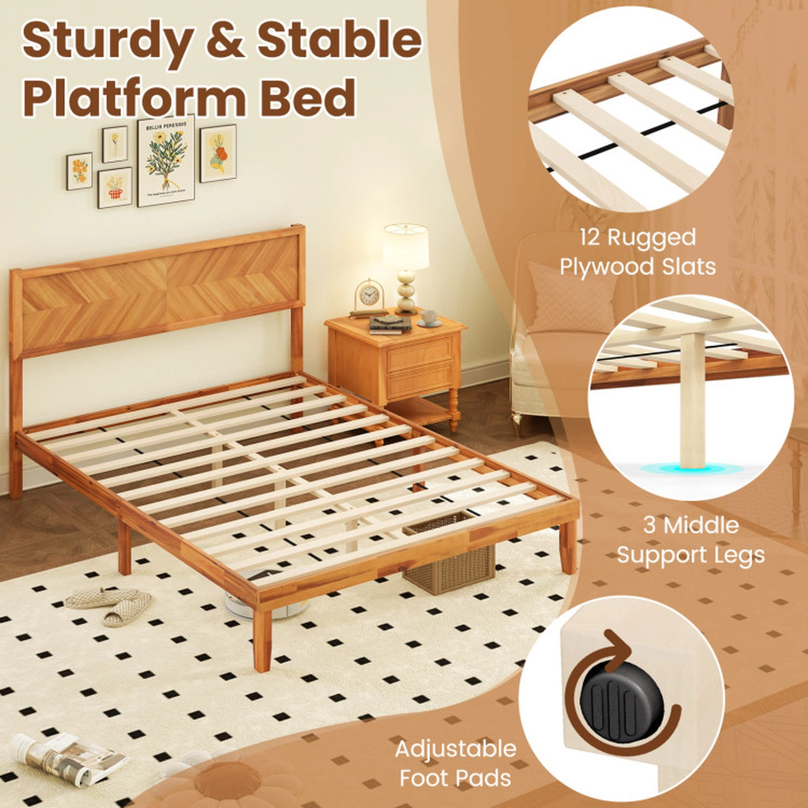 SUGIFT Platform Queen Size Bed Frame with Headboard and Under-Bed Storage 660-lb Capacity Rustic Golden Brown