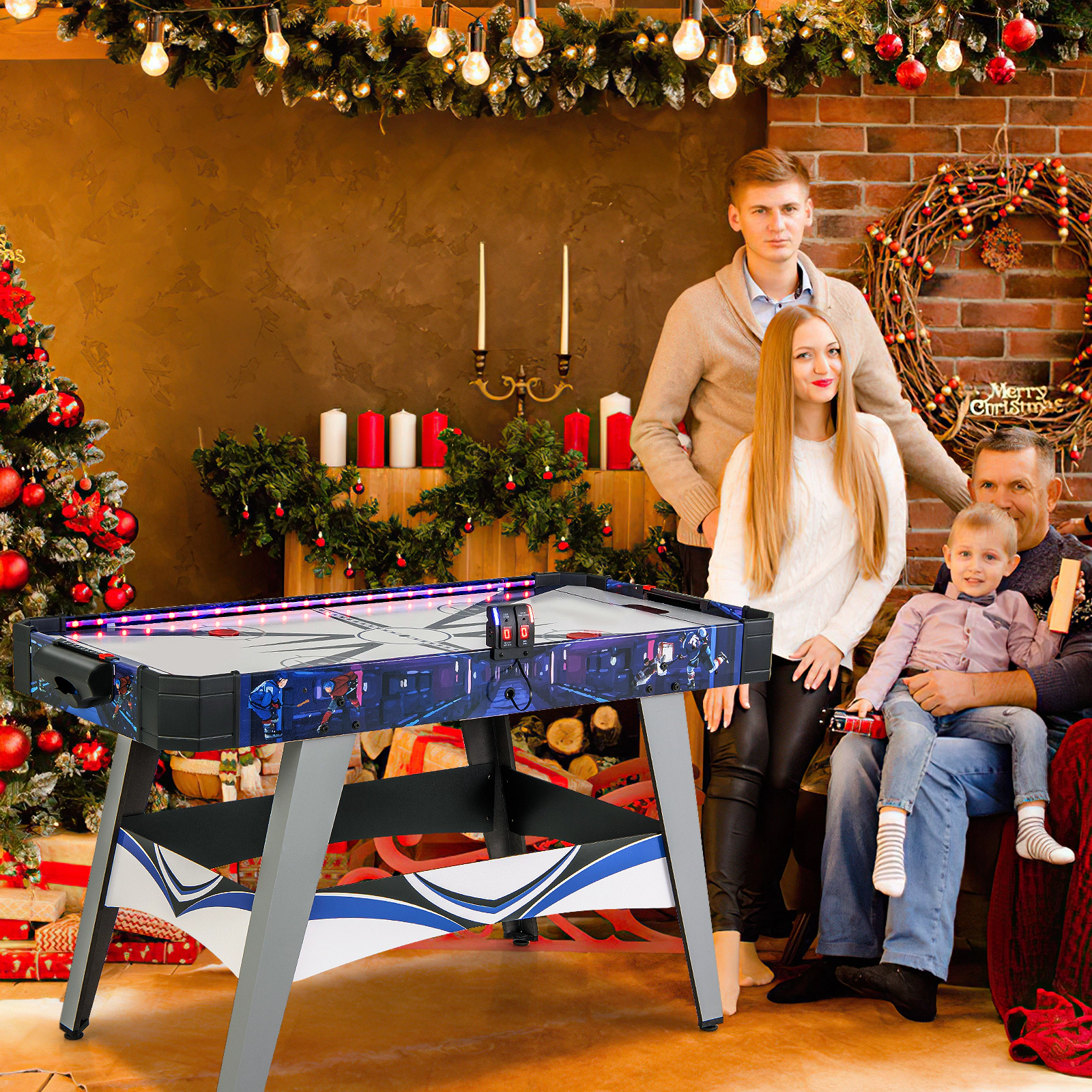 SUGIFT 54-in Air Powered Hockey Game Table with LED Score Display 2 Pushers 2 Pucks and Wide Goal Box