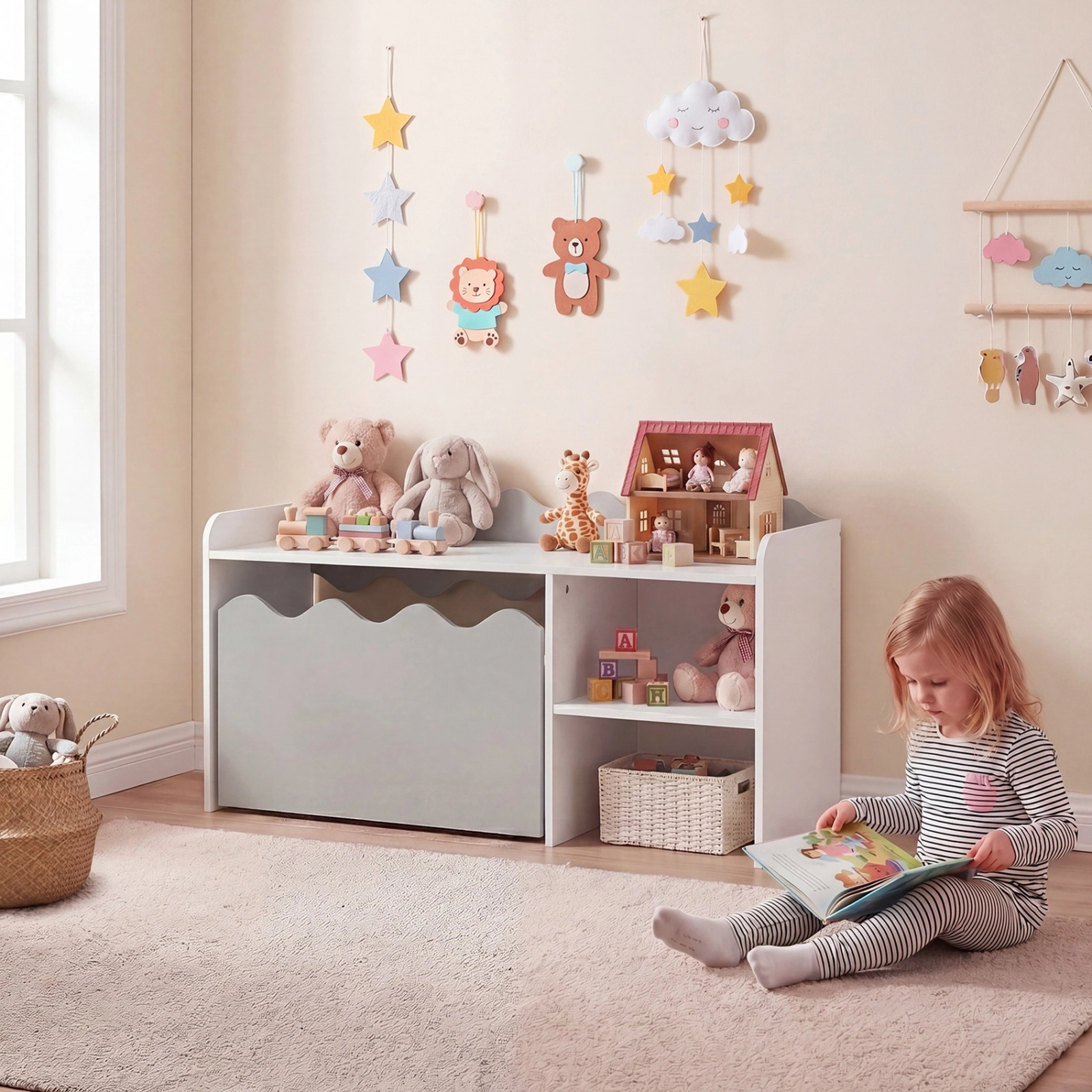 SUGIFT Kids Scalloped Rolling Toy Box Storage Bookshelf 35-in x 16-in x 18-in 77-lb Top Capacity Ages 3+ Gray