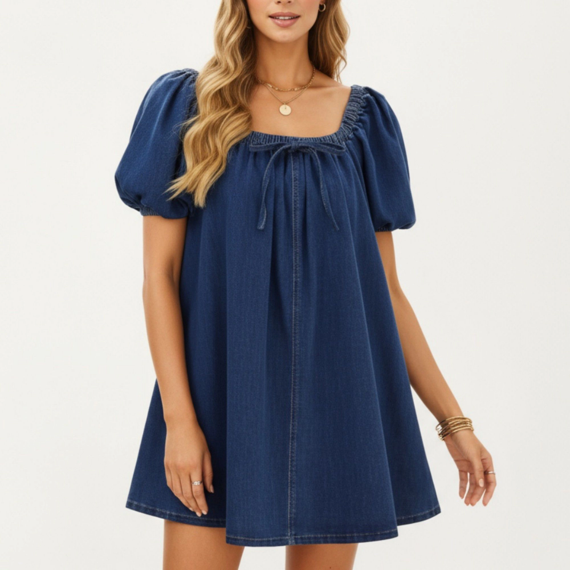 Anna-Kaci Women's Puff Sleeve Denim A-Line Babydoll Dress