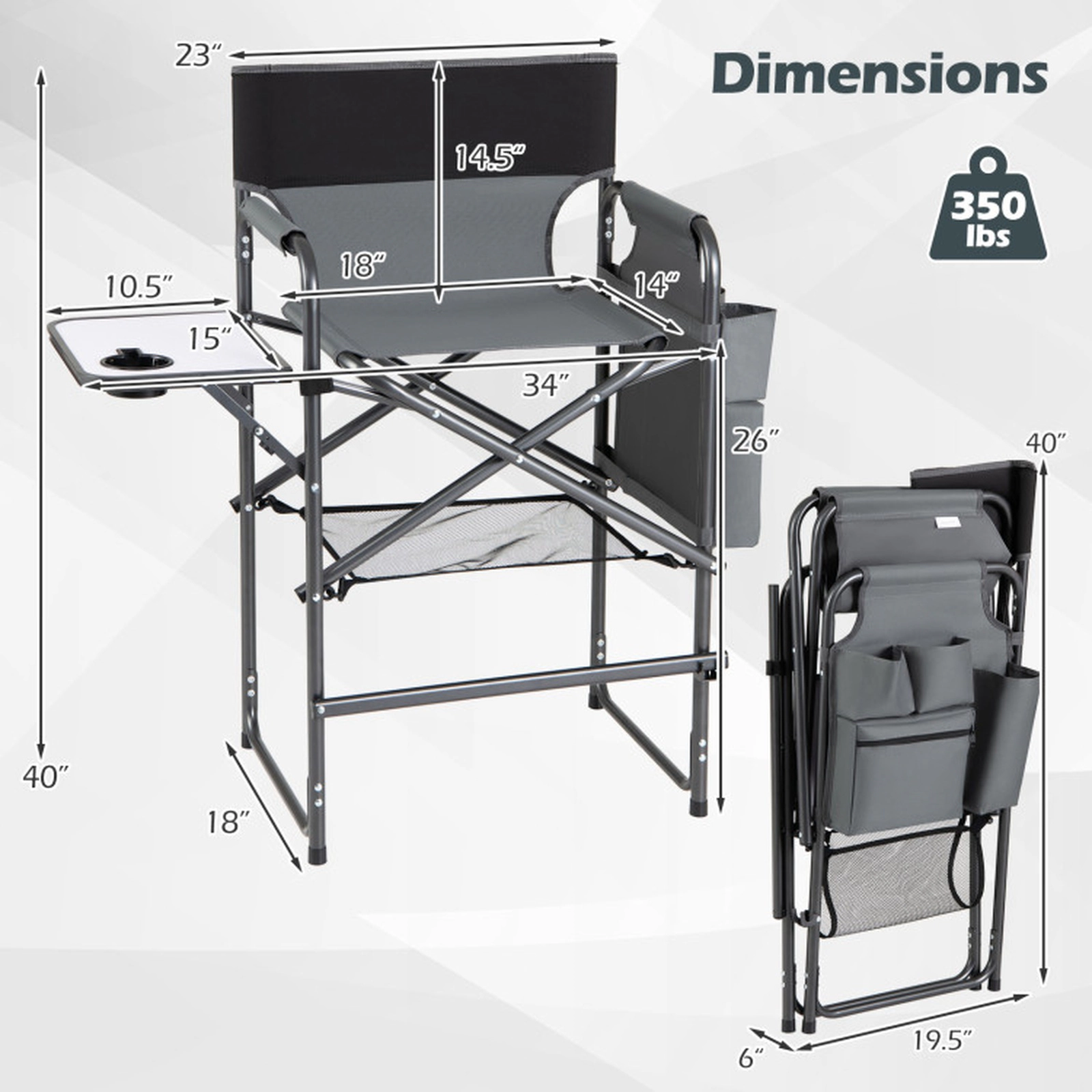 SUGIFT Folding Tall Director Camping Chair 26-in Seat Height 350-lb Capacity with Side Table Gray Black White