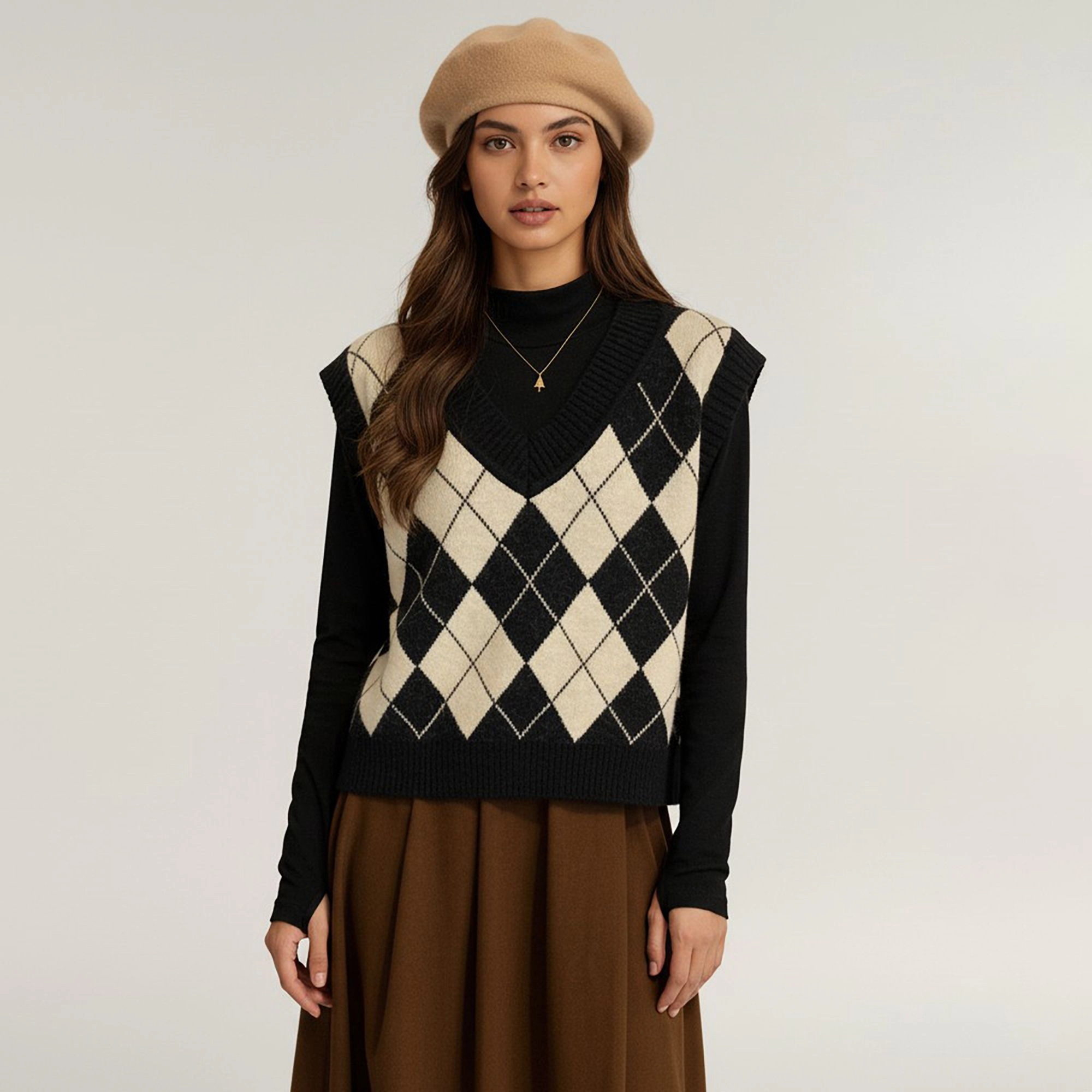Anna-Kaci Women's Argyle Knit Sweater Vest with V Neck Sleeveless Design and Ribbed Hem