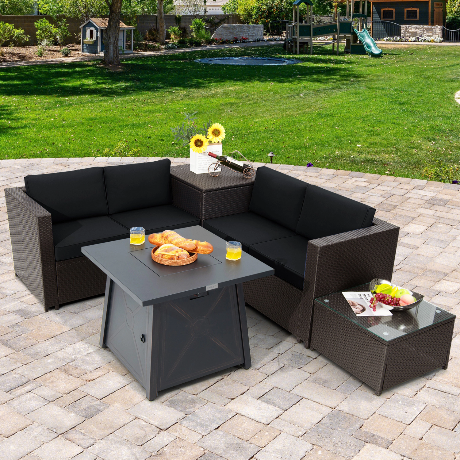 LJG 5 Piece Patio Furniture Set with 50000 BTU Propane Fire Pit Table