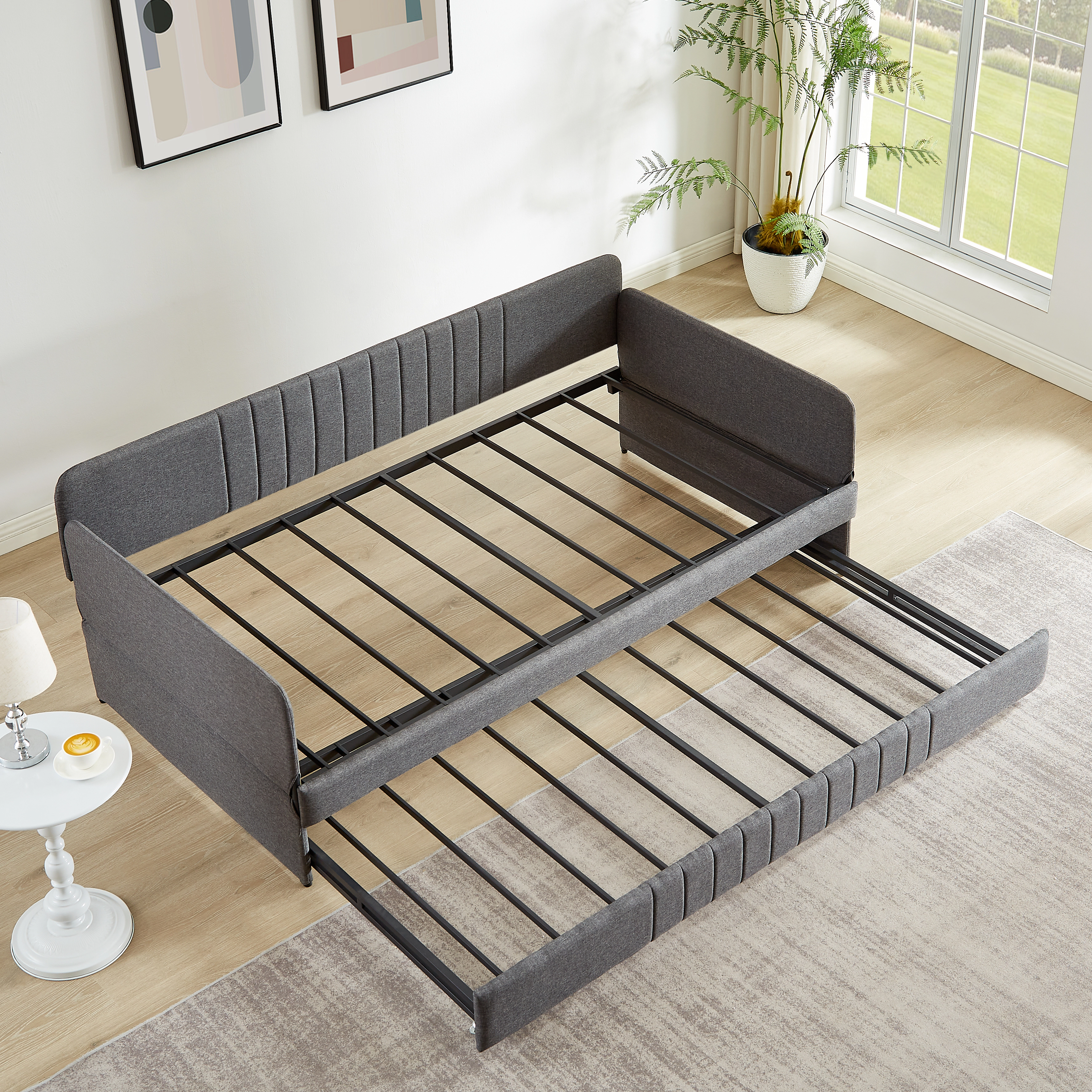Flynama Twin Daybed Sofa Bed with Trundle, Metal Frame, Grey (78.4"L x 41"W x 29.8"H reference noted)