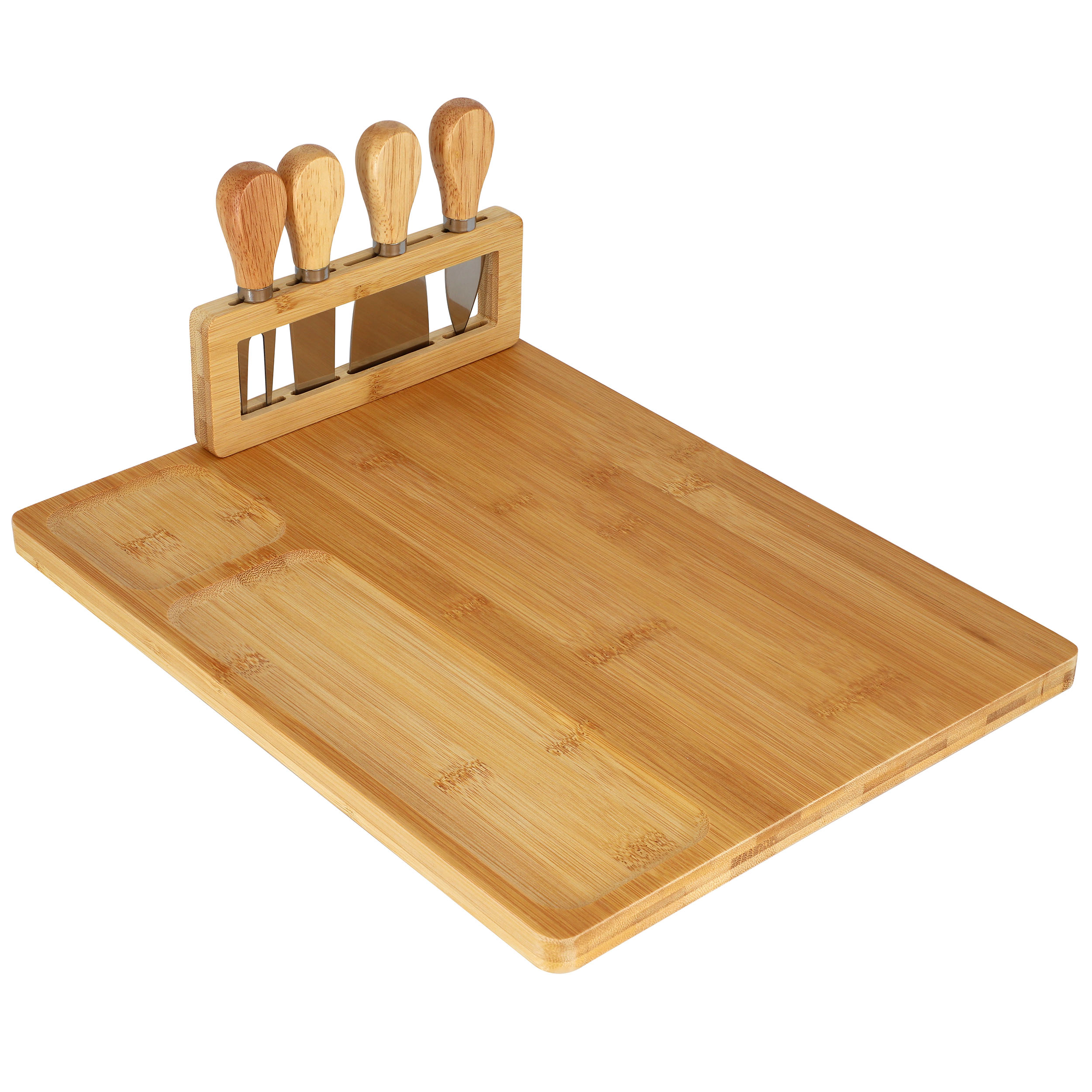 MegaChef Bamboo Charcuterie and Cheese Board with Knife Stand Attachment and 4 Piece Knife Set