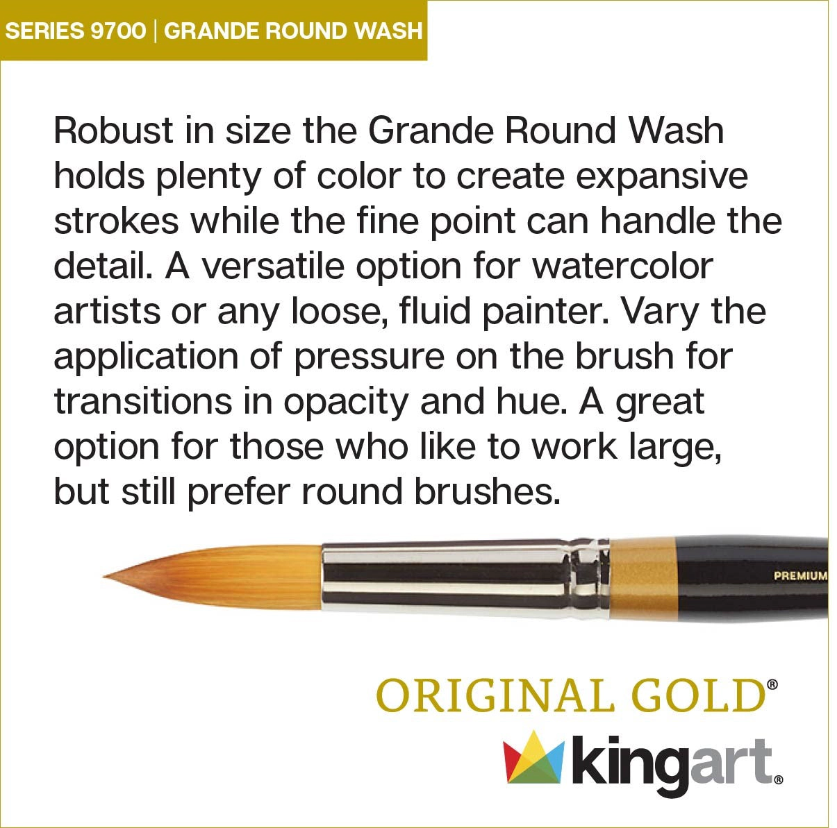 KINGART Original Gold 9700 Grande Round Wash Brush - Golden Taklon, Size 36