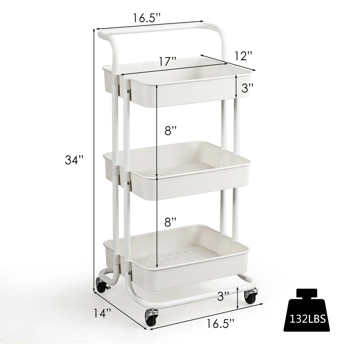 SlickBlue 3-Tier Metal Storage Cart with Locking Caster Wheels