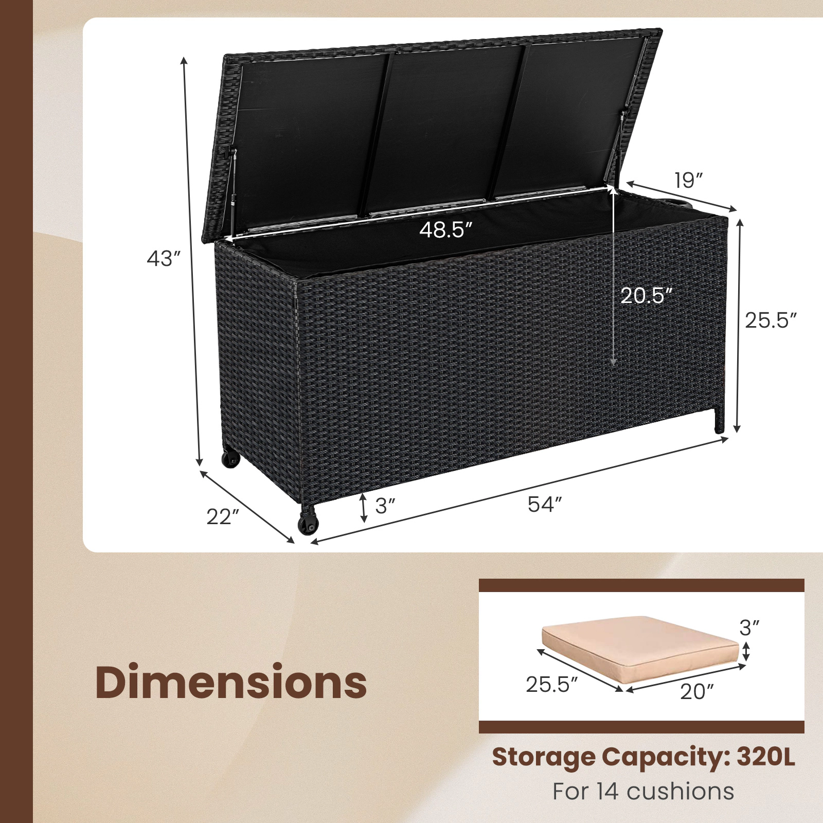 SUGIFT Black 85-Gallon Wicker Outdoor Deck Box with Waterproof Liner Gas Strut Lid and 2 Wheels