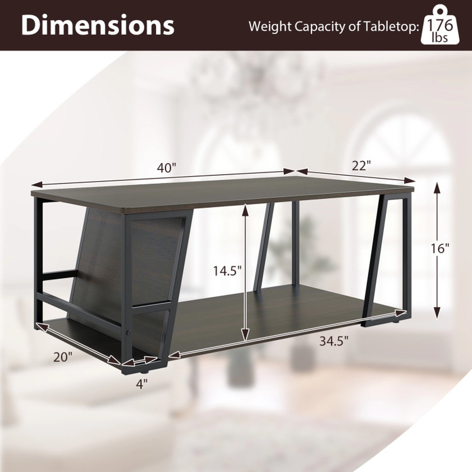 SUGIFT 2-Tier Magazine Compartment Open Shelf Industrial Coffee Table 40-in x 32-in x 16-in 176-lb Capacity Brown