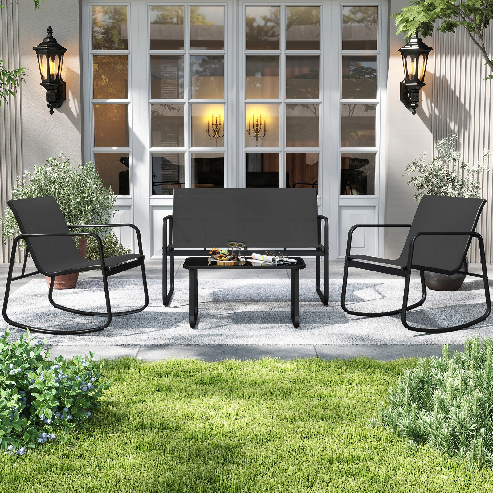 LJG 4 PCS Patio Furniture Set Outdoor Rocker Chair Conversation Set