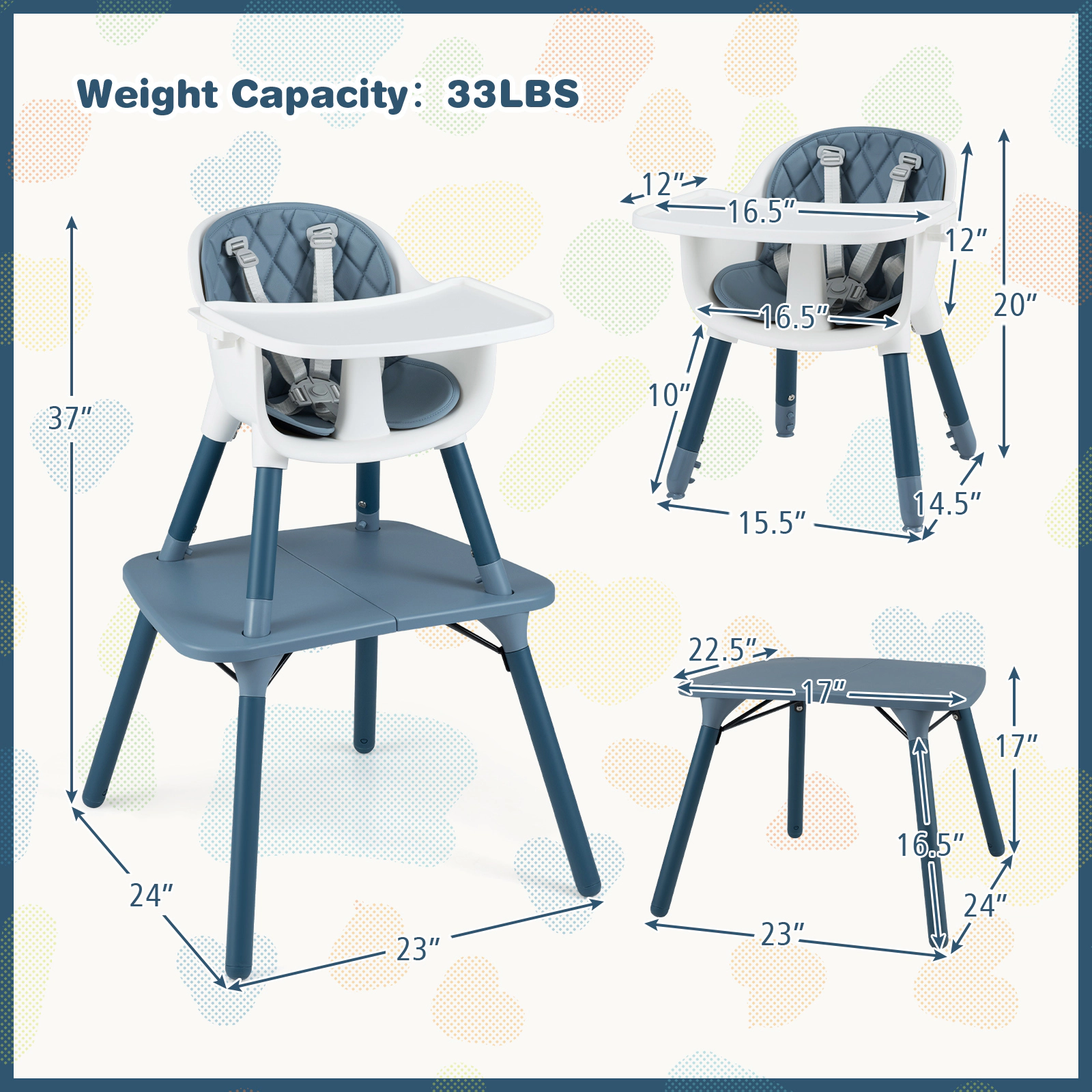 SUGIFT 4-in-1 Convertible Baby High Chair & Toddler Table Chair Set with PU Cushion 33-lb Capacity Ages 6-36 Months Blue