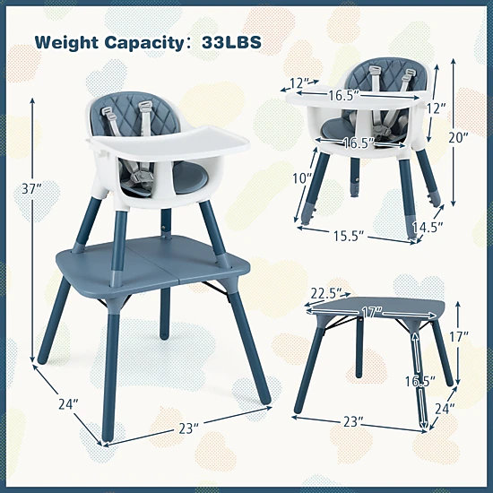 SUGIFT 4-in-1 Convertible Baby High Chair & Toddler Table Chair Set with PU Cushion 33-lb Capacity Ages 6-36 Months Blue