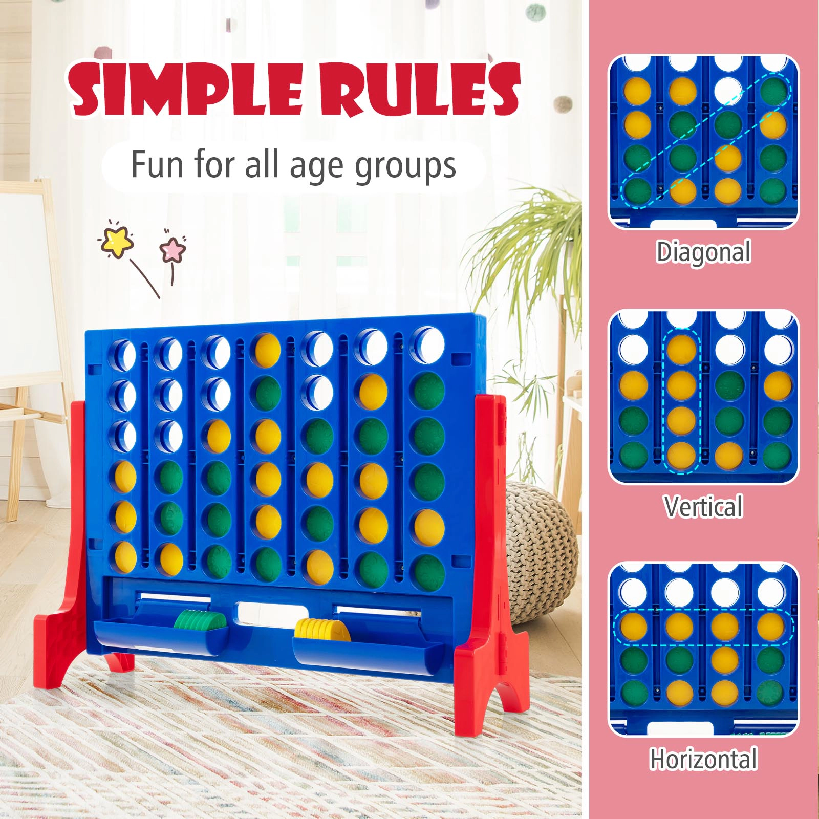SUGIFT Red Jumbo 4-to-Score Connect Game Set with Carrying Bag and 42 Coins 24.5-in W 8-in D 19-in H