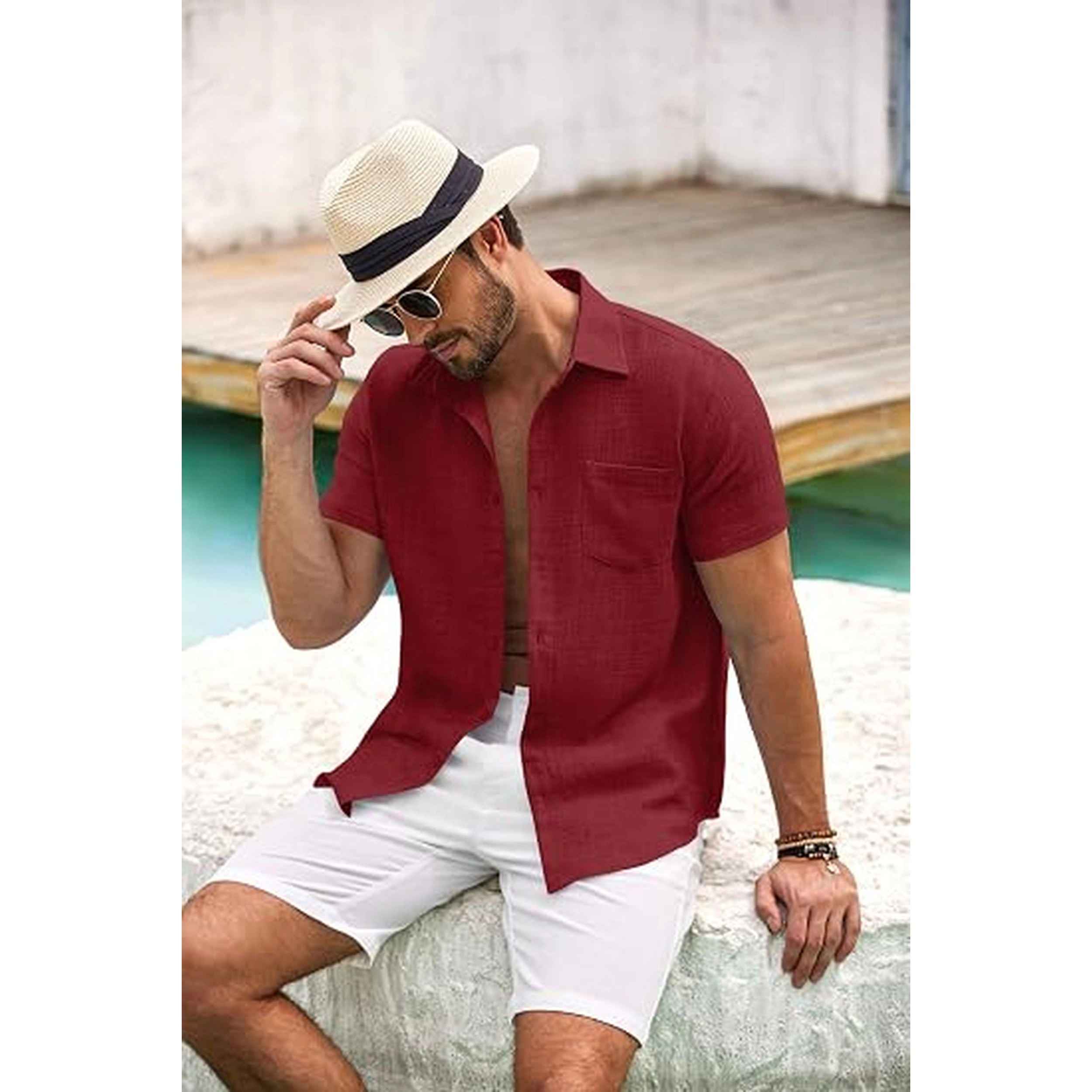 COOFANDY Men's Regular Fit Lightweight Linen Short Sleeve Camp Shirt