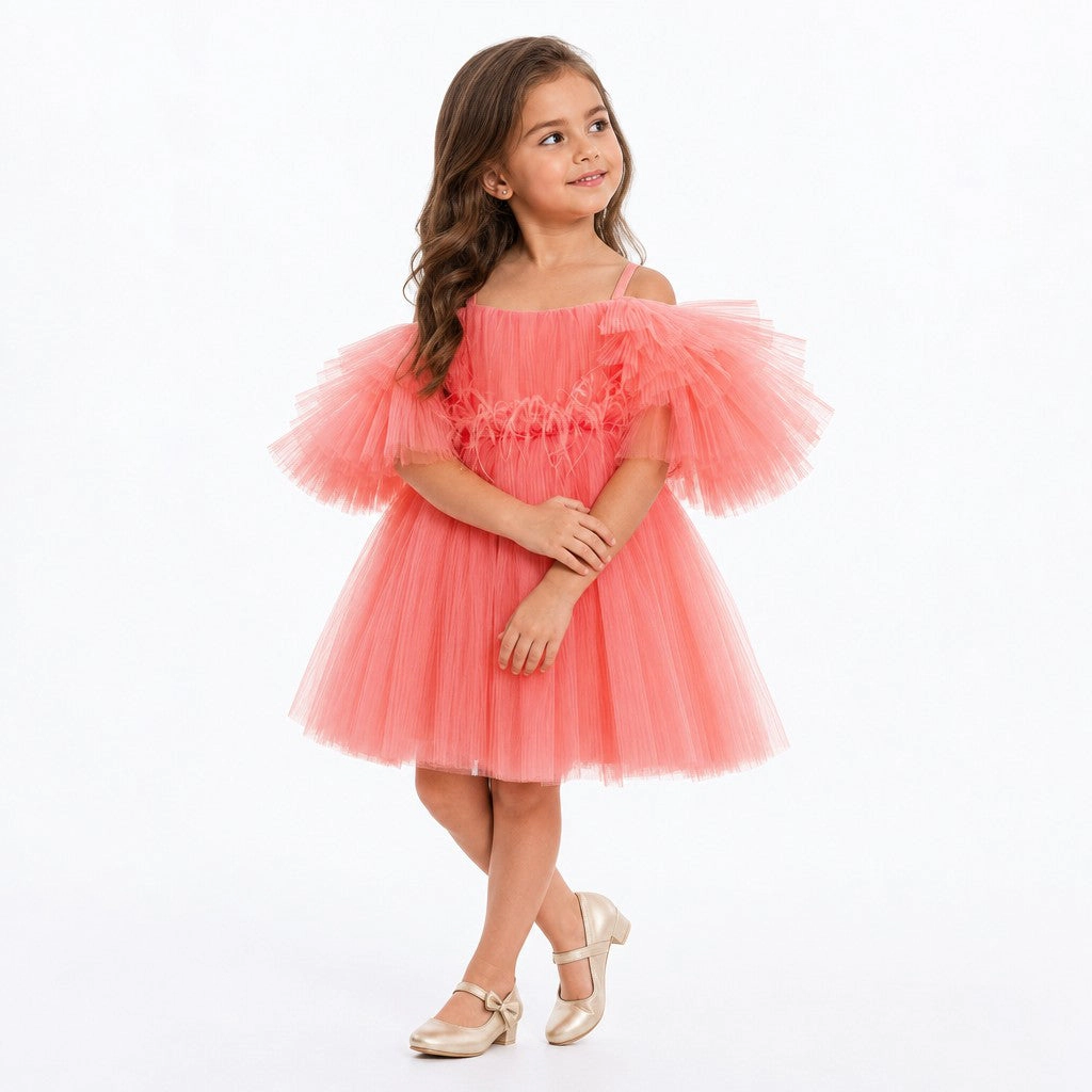 Faeella Girls Blush Feather Fairy Tulle Flower Girl Dress