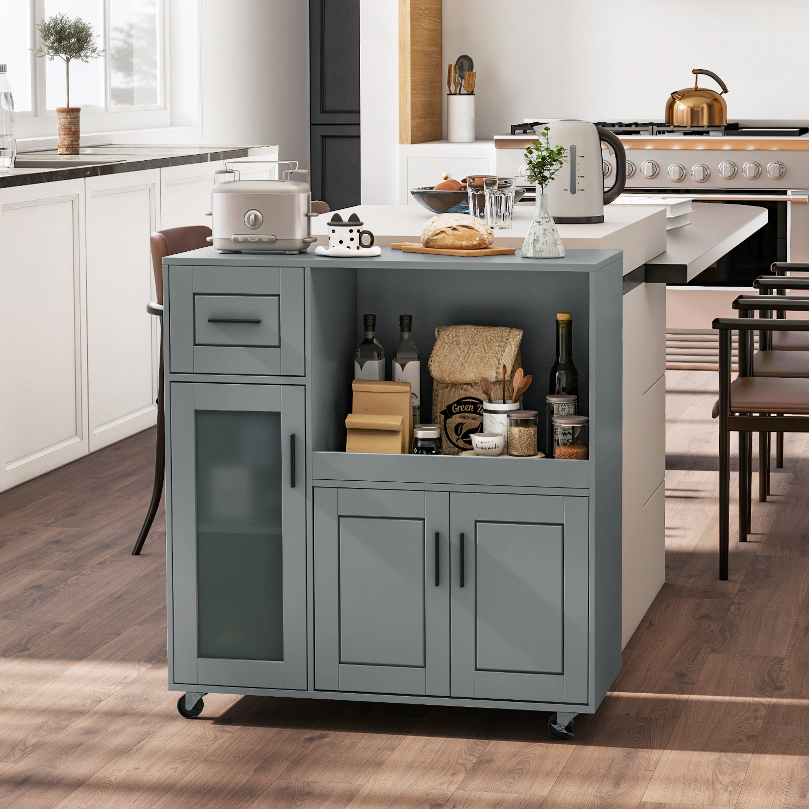 SUGIFT Rolling Kitchen Island Cart with Drawer Glass Door Cabinet and Adjustable Shelf 100-lb Tabletop Capacity Gray