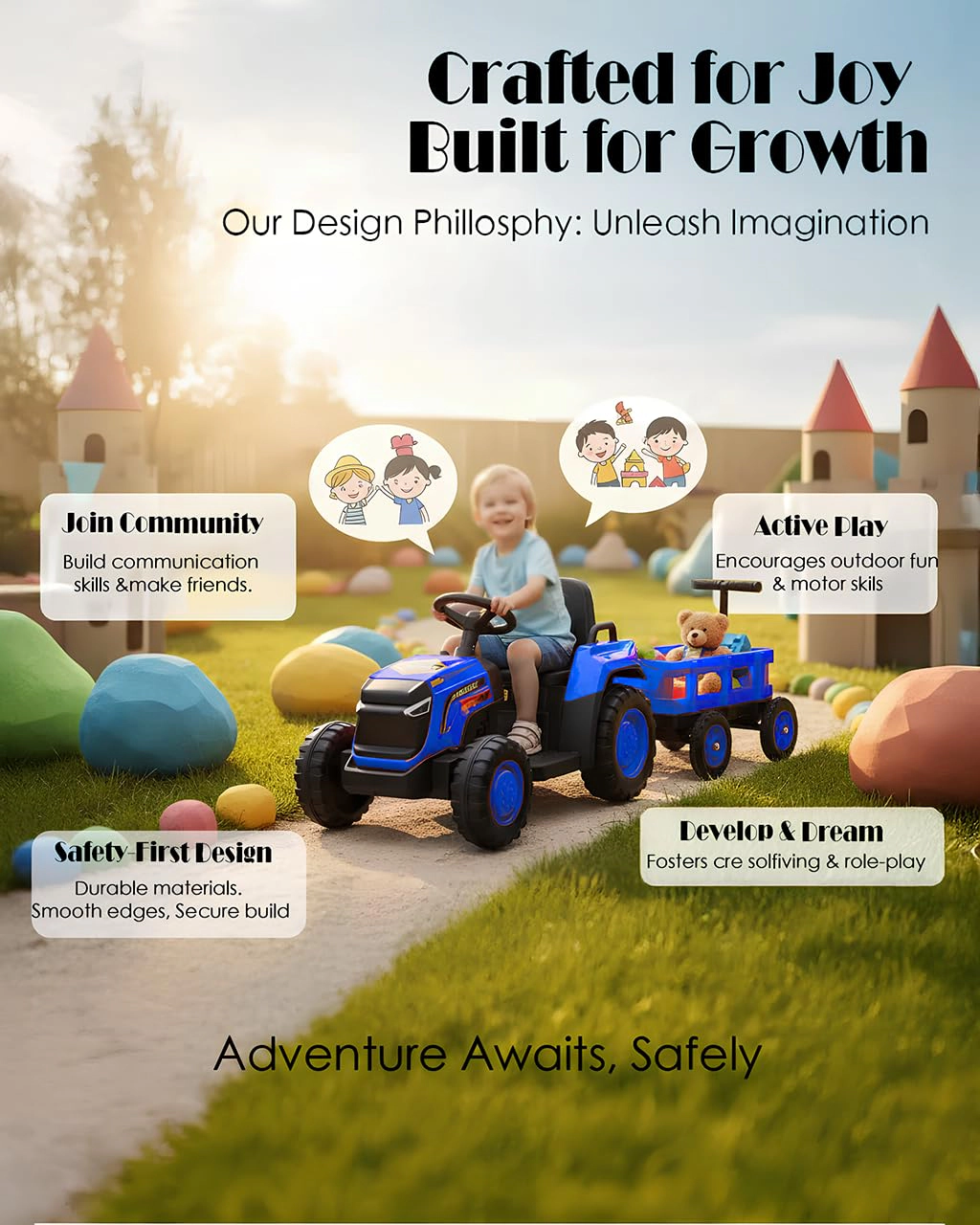12V Electric Ride-On Tractor with Detachable Garden Cart, 8-Wheel Vehicle with Trailer, Remote