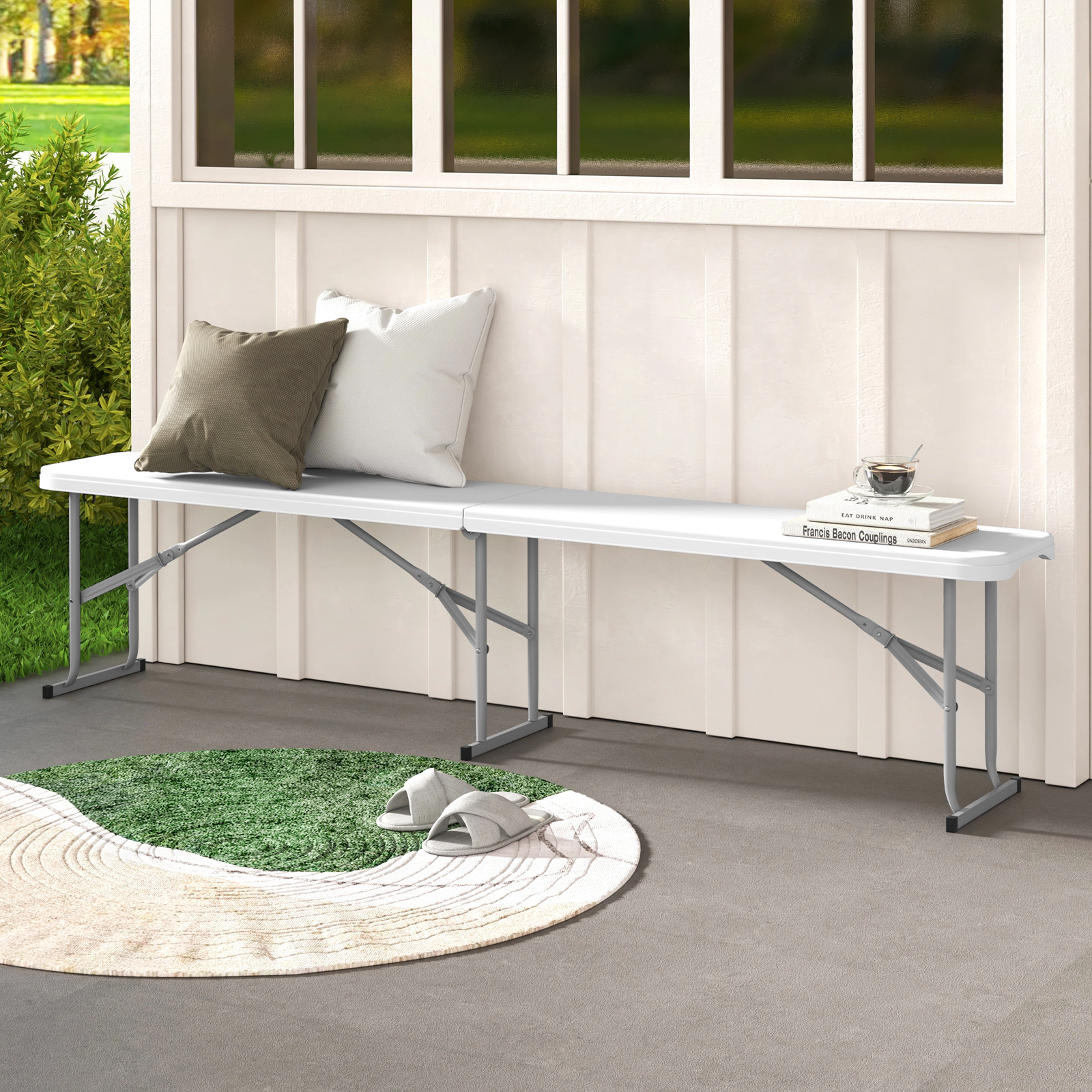 SUGIFT 6 ft Folding Plastic Camping Picnic Bench 660-lb Capacity Dining Seat with Carrying Handle 72-in Long White