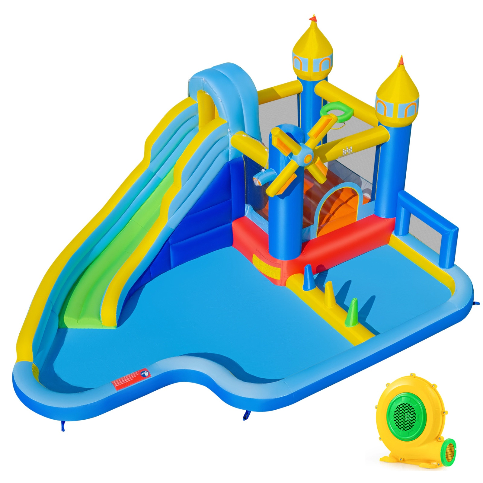 SUGIFT 206-in Windmill Inflatable Water Slide Park with Jumping Area Ball Pit Ring Toss and 680W Blower