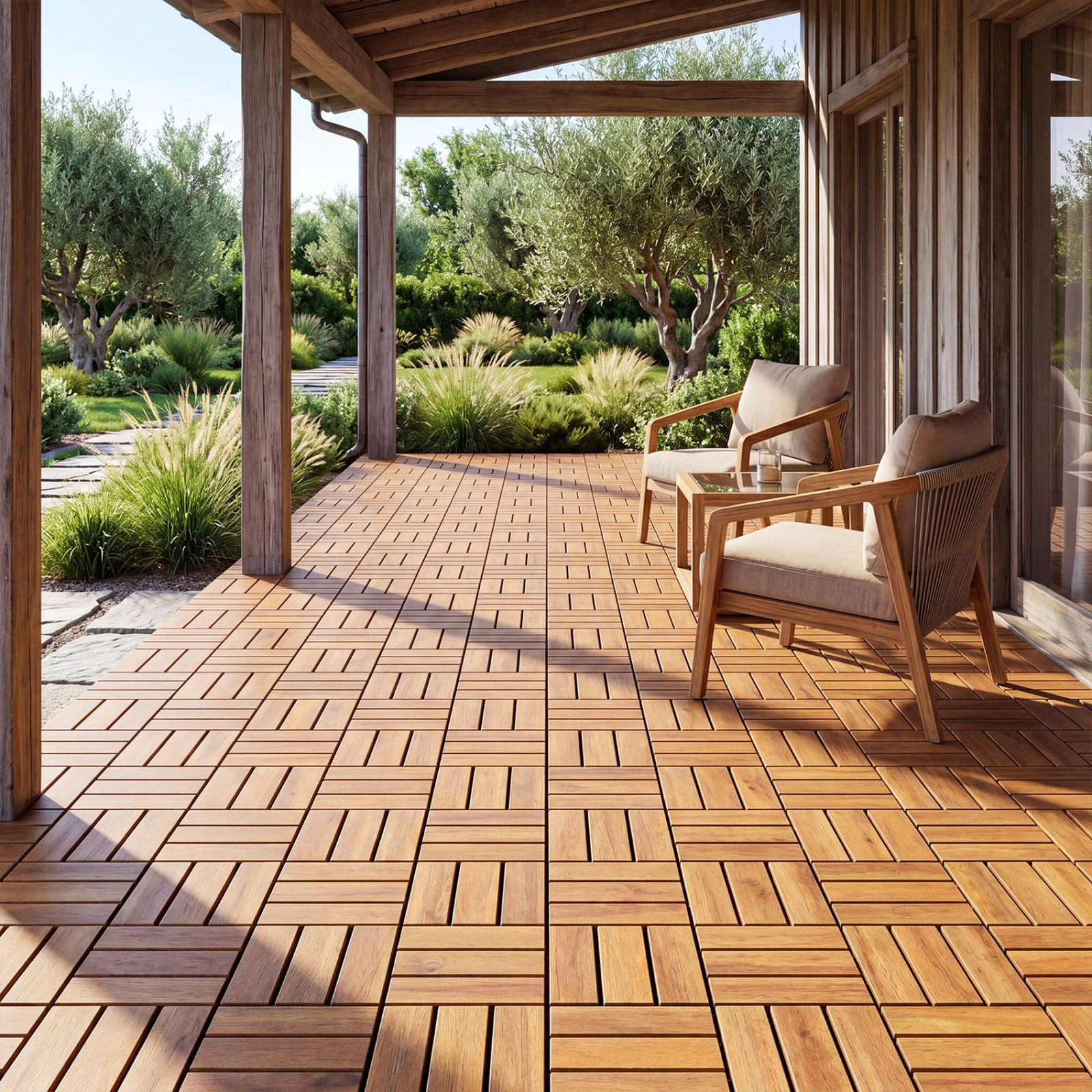 SUGIFT 12 x 12-in Interlocking Acacia Wood Deck Tiles Mat 500-lb Capacity 27-Piece Set Natural Color
