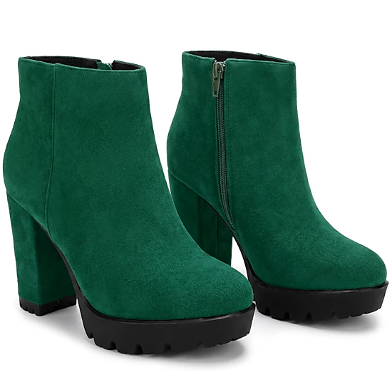 BLISSFUL STEP Platform Boots Block Heel Lug Sole Round Toe Ankle Boot ...