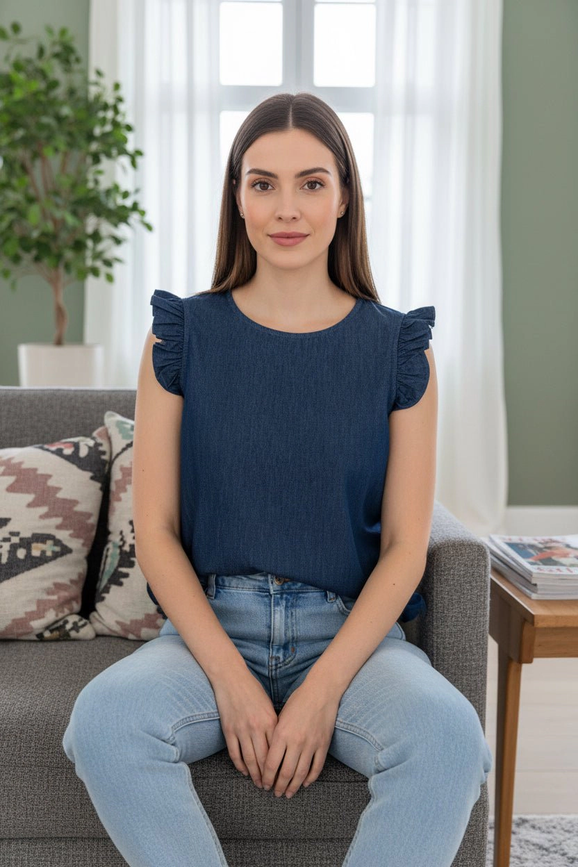 DressAtR Women's Blue Denim Ruffle Sleeveless Round Neck Blouse