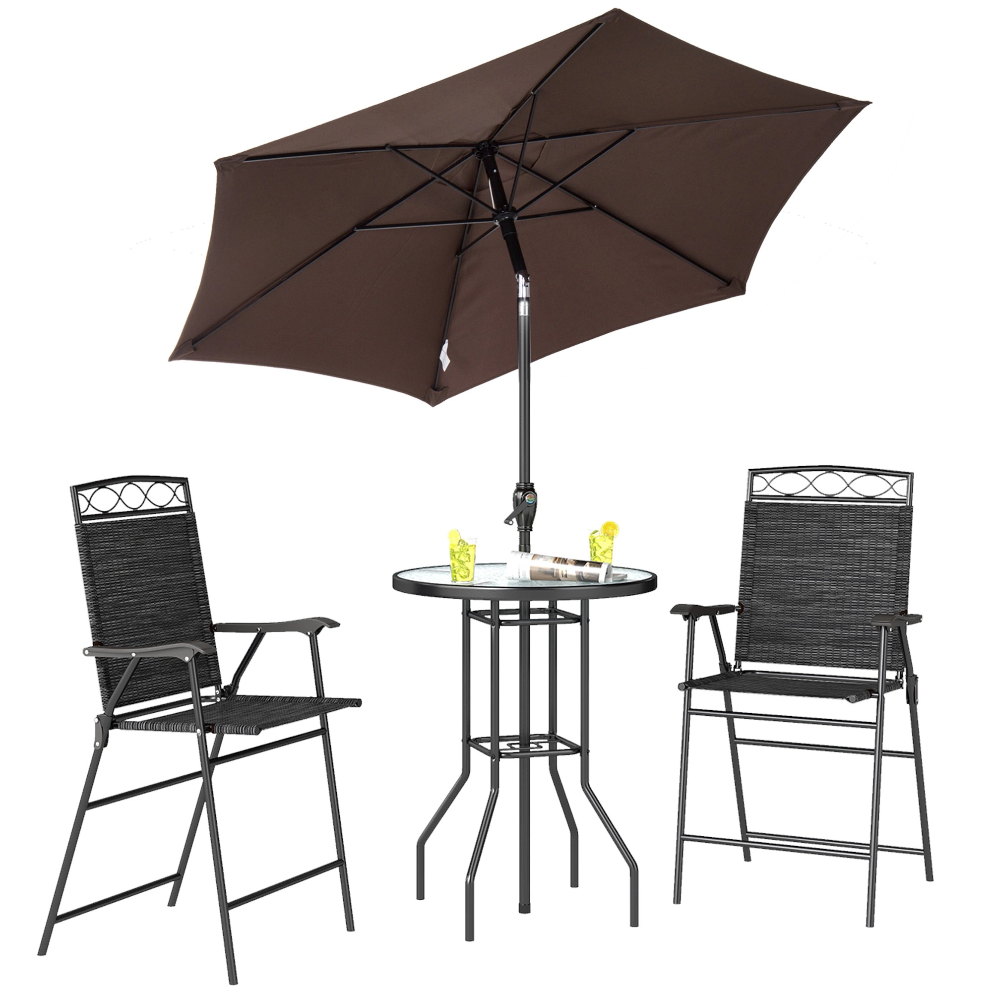 HONGGE 4 Piece Outdoor Bar Set with Umbrella Patio Dining 2 Folding Chairs Wave Textured Tempered Glass Table