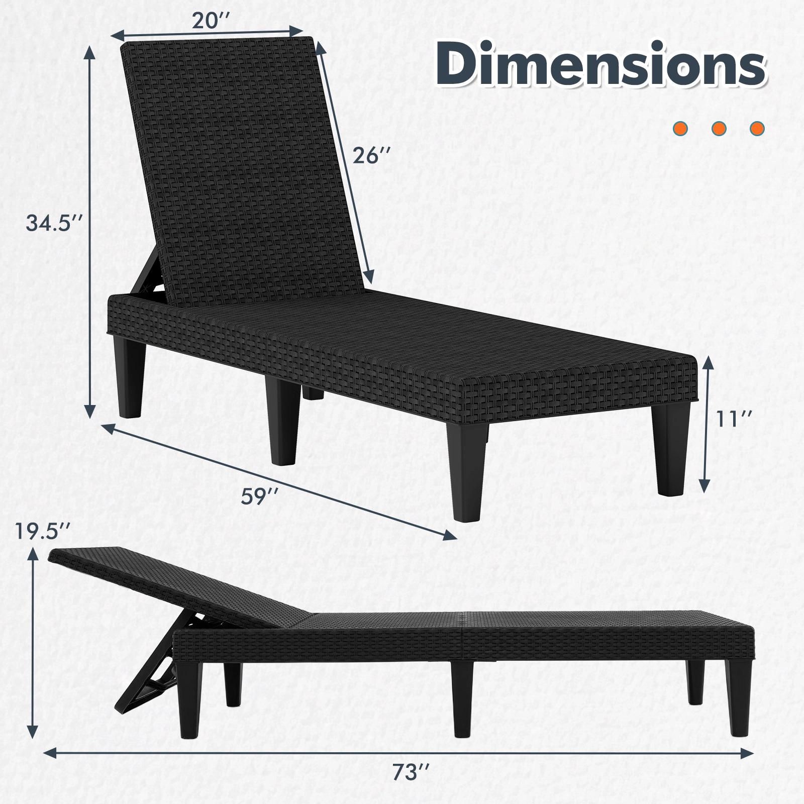 SUGIFT 4-Position Adjustable Outdoor Chaise Lounge Chair 330-lb Capacity with Faux Rattan Texture Black