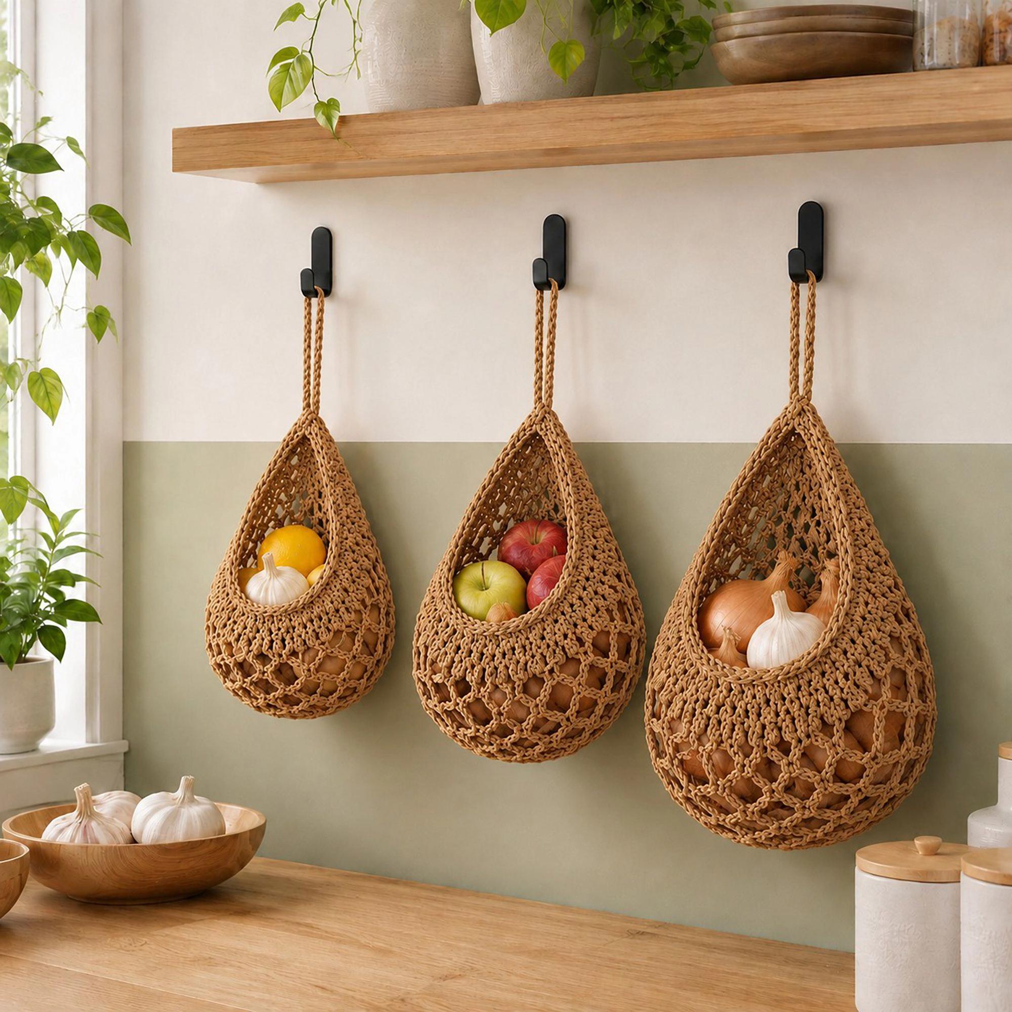 Alilang Women 3pc Crochet Hanging Storage Basket Set Small Medium Large Wall Organizer Bins